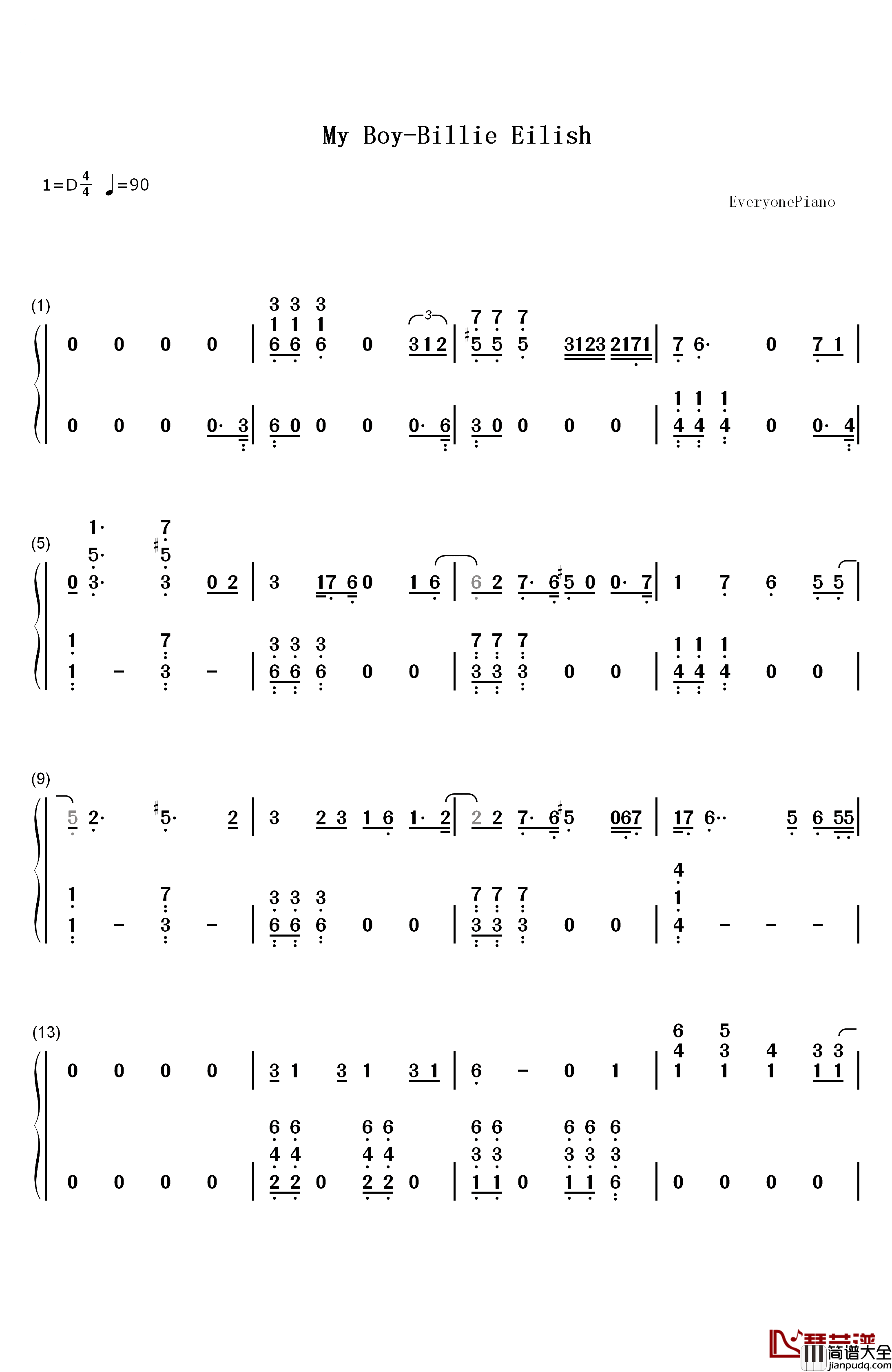 My_Boy钢琴简谱_数字双手_Billie_Eilish