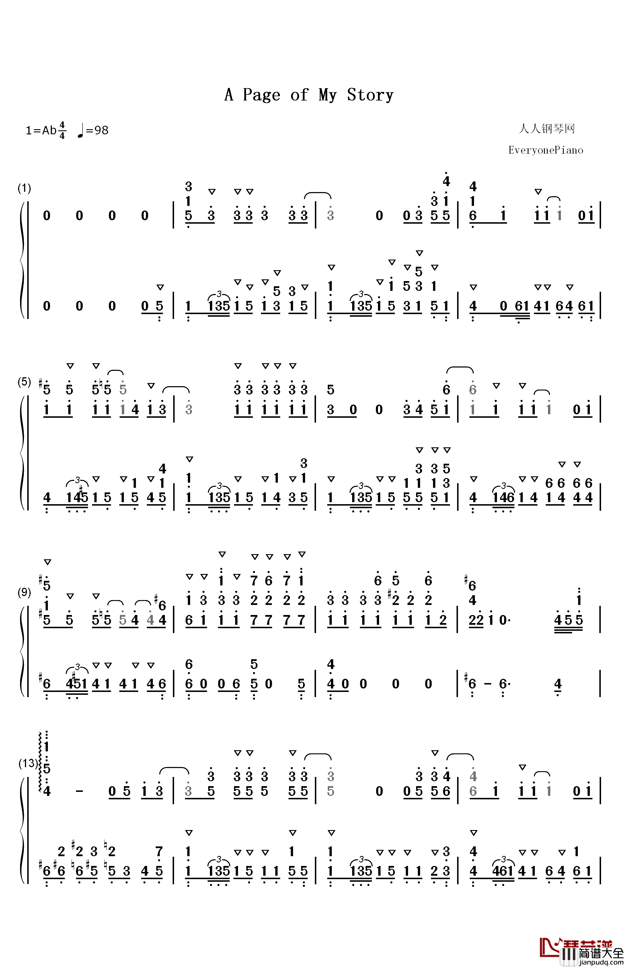 A_Page_of_My_Story钢琴简谱_数字双手_今村彩夏_关根明良_大地叶_影山灯_古木望