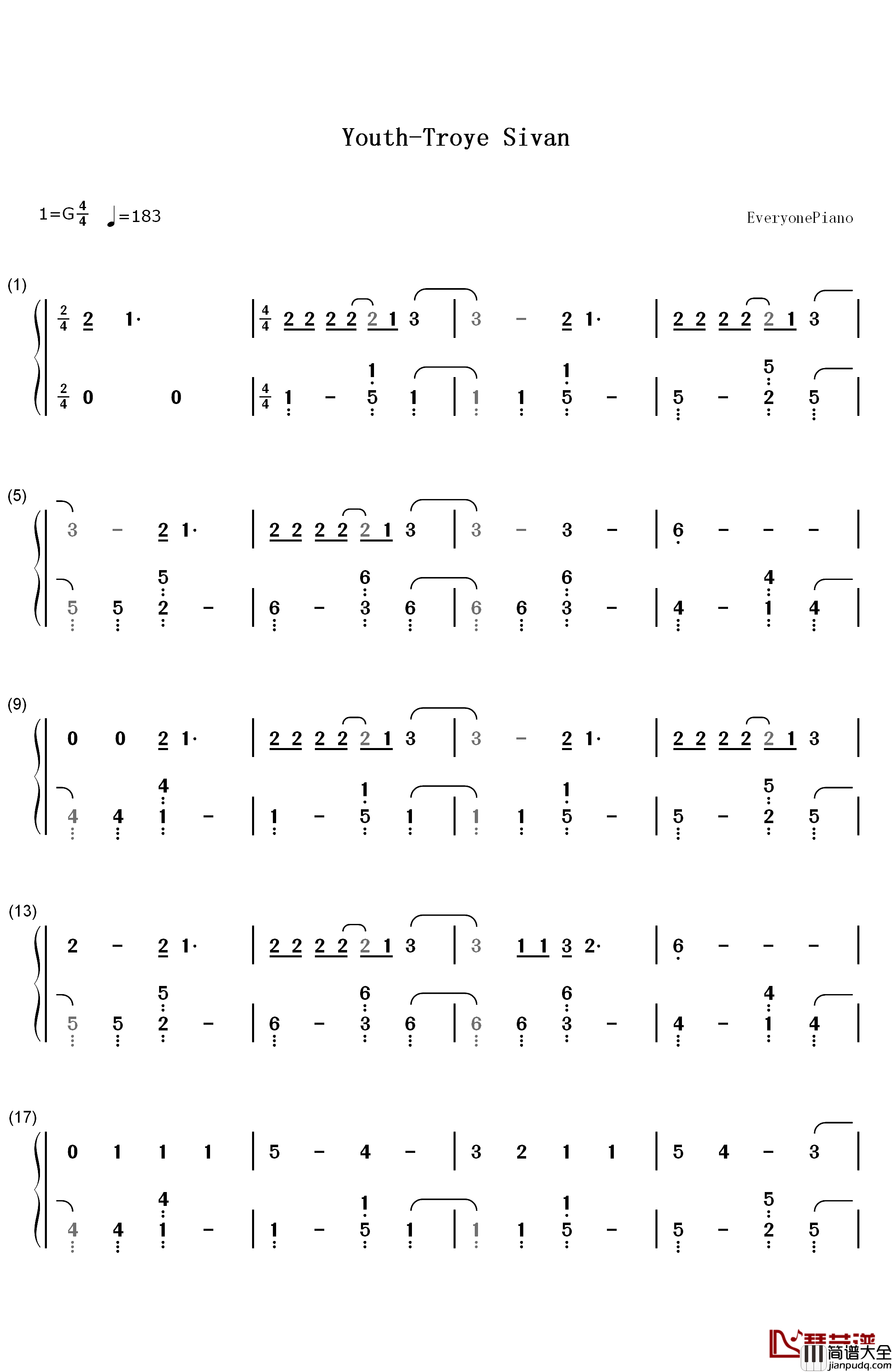 Youth钢琴简谱_数字双手_Troye_Sivan
