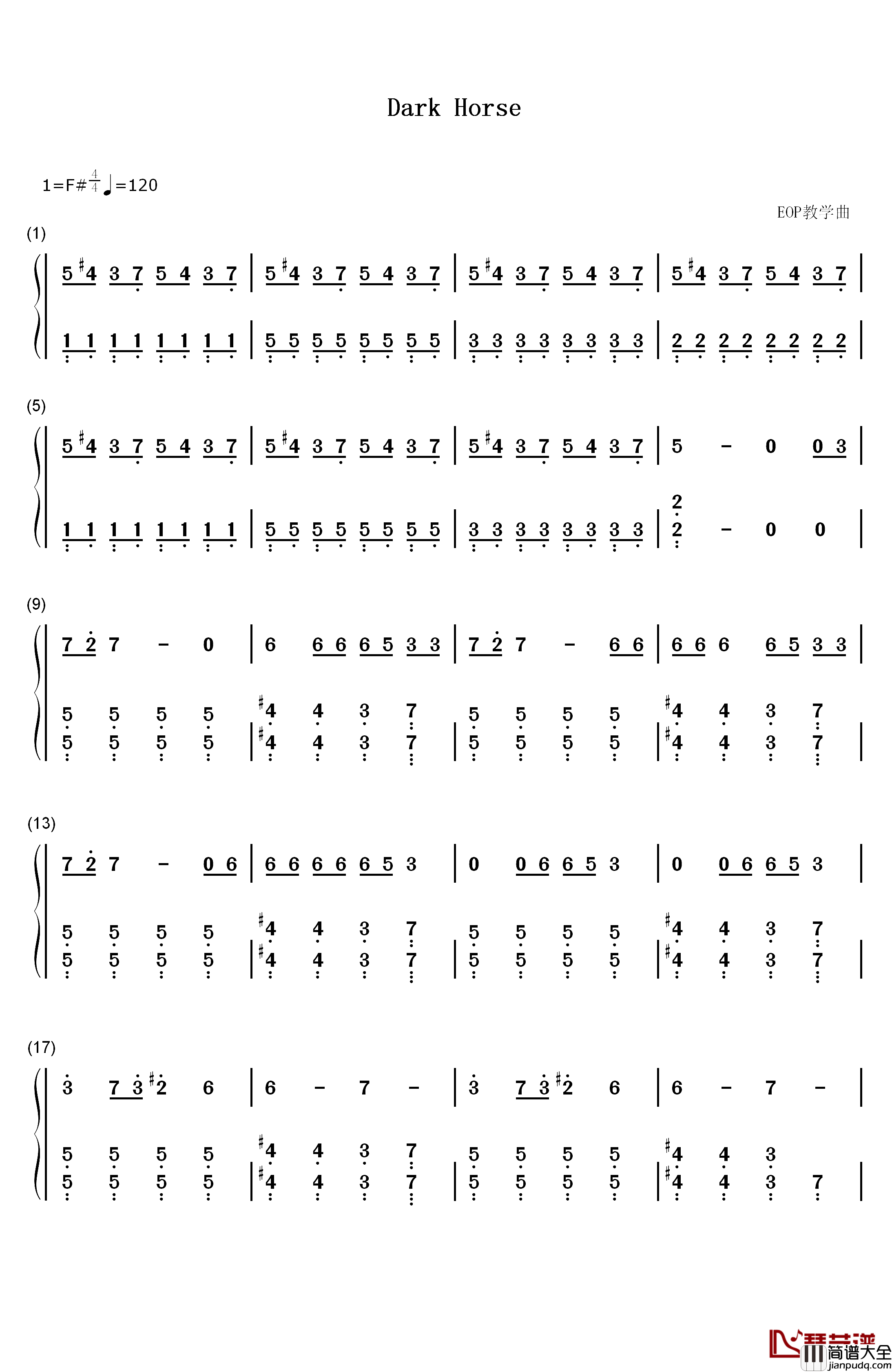 Dark_Horse钢琴简谱_数字双手_Katy_Perry