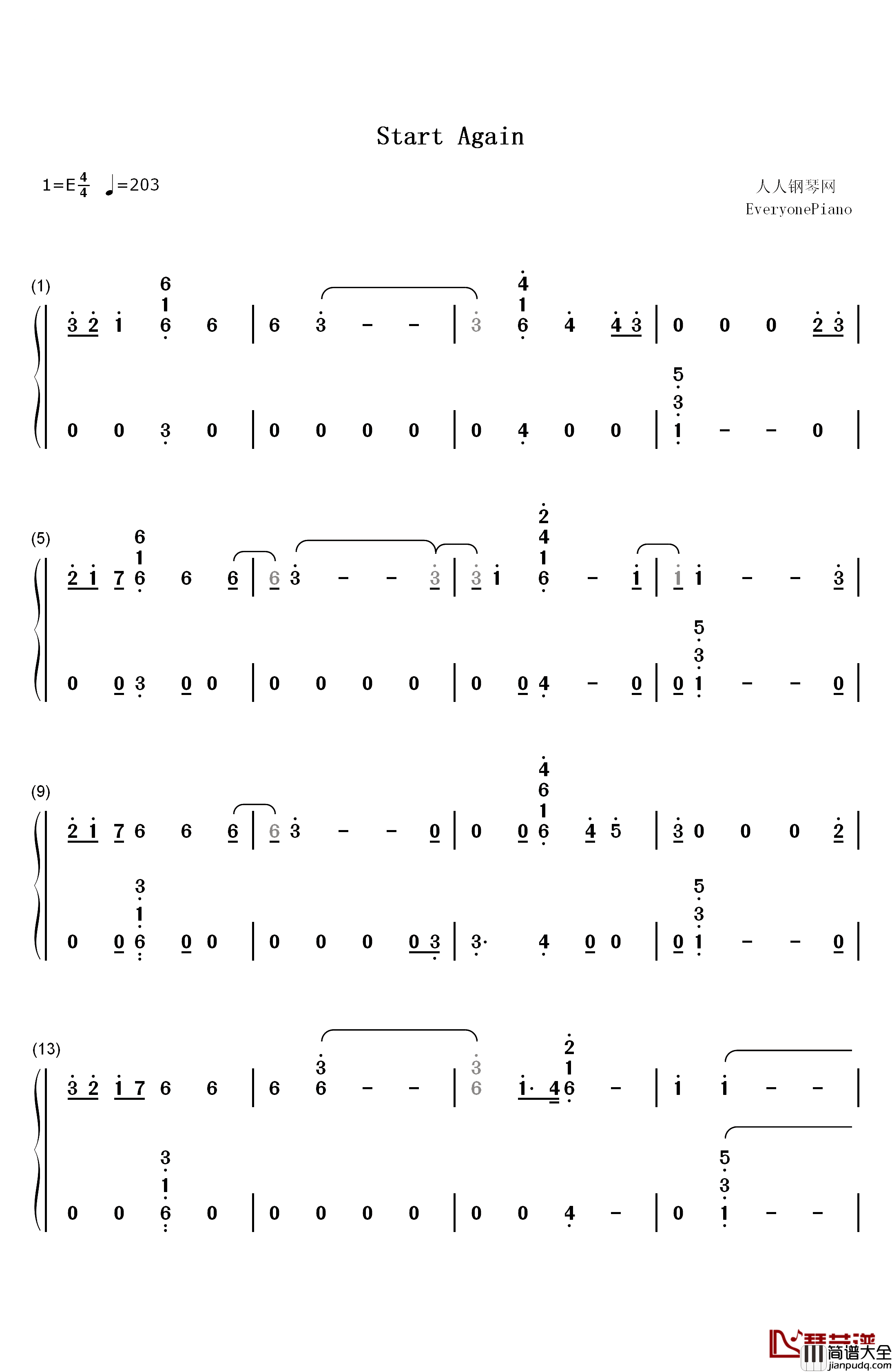 Start_Again钢琴简谱_数字双手_OneRepublic_Logic