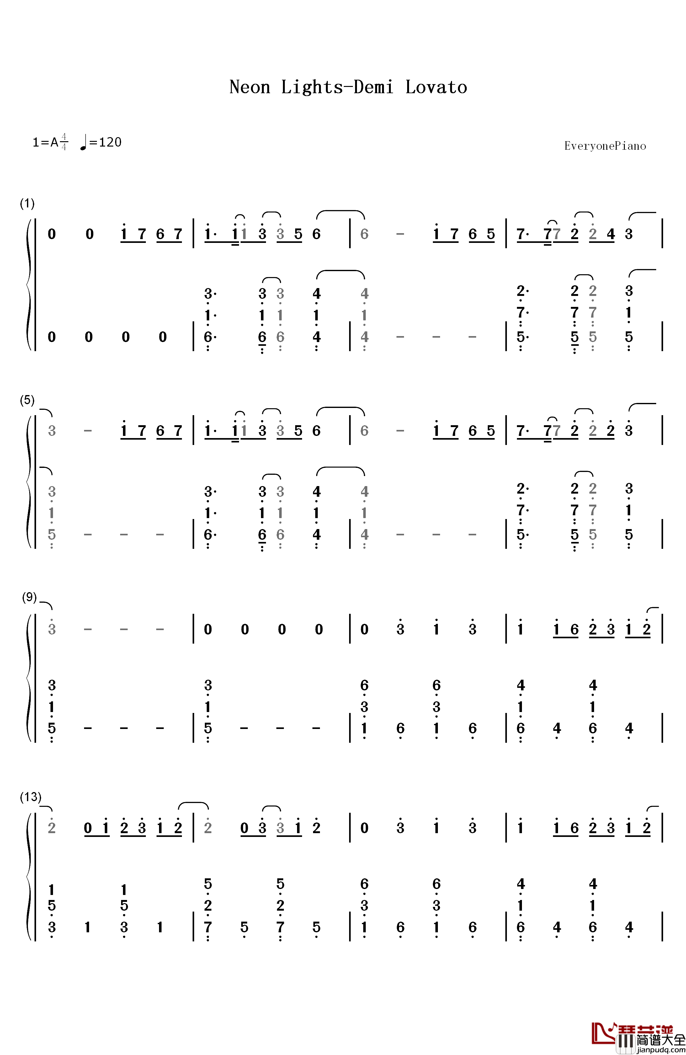 Neon_Lights钢琴简谱_数字双手_Demi_Lovato