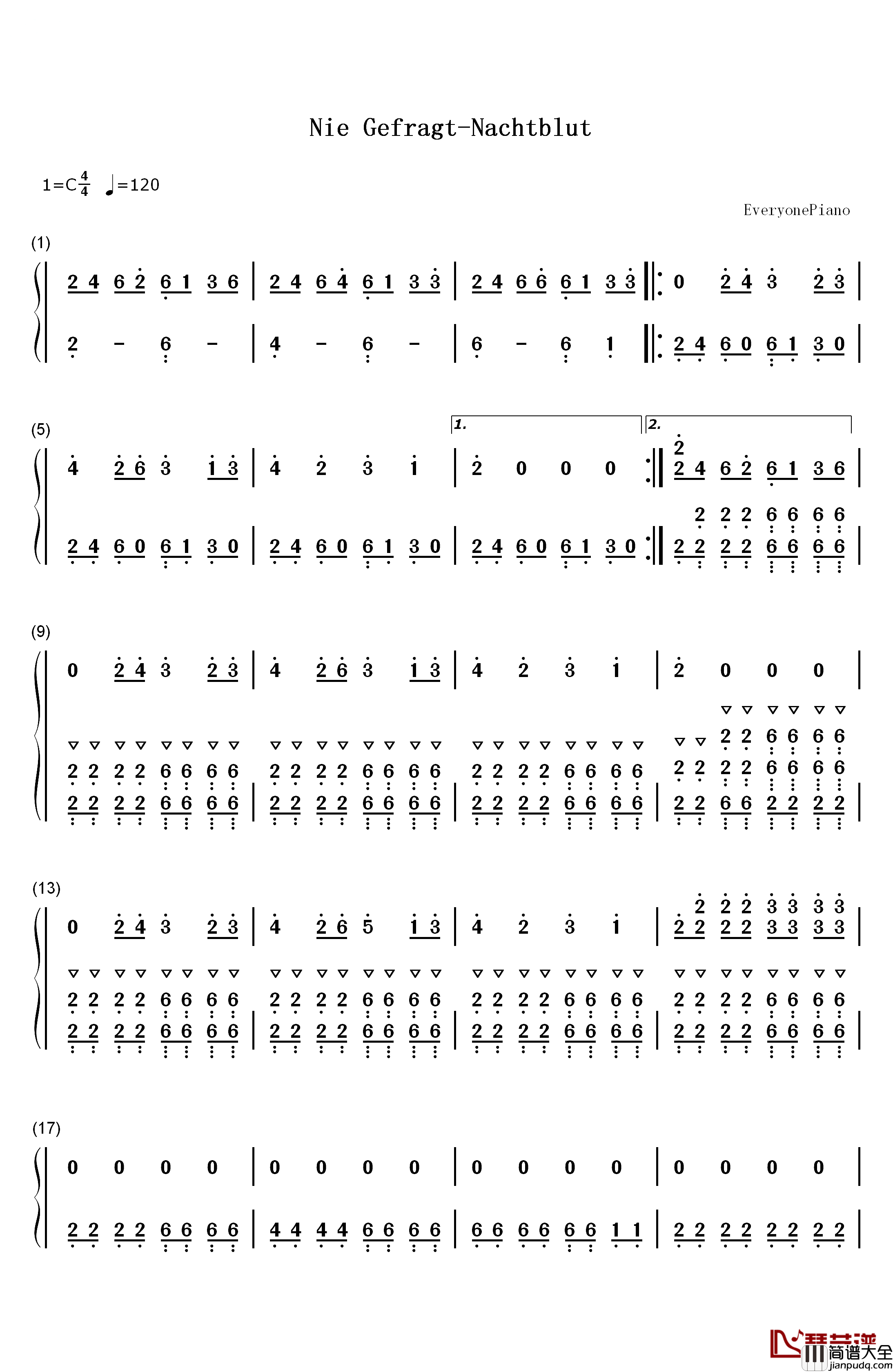 Nie_Gefragt钢琴简谱_数字双手_Nachtblut
