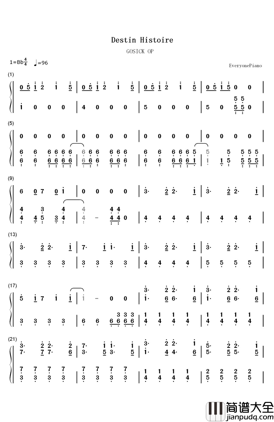 Destin_Histoire钢琴简谱_数字双手_吉木梨纱(吉木りさ)