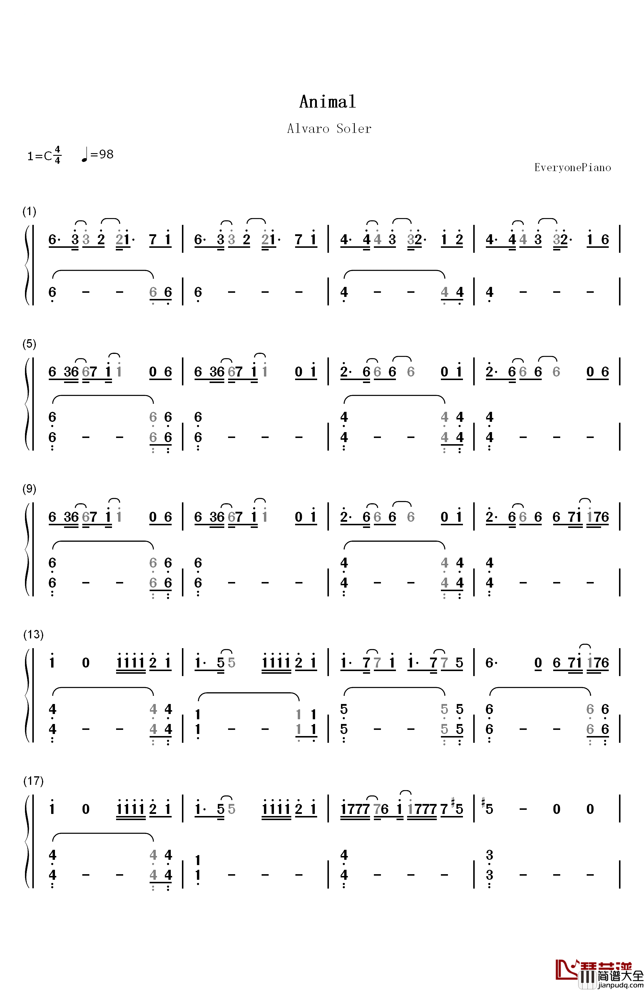 Animal钢琴简谱_数字双手_Alvaro_Soler