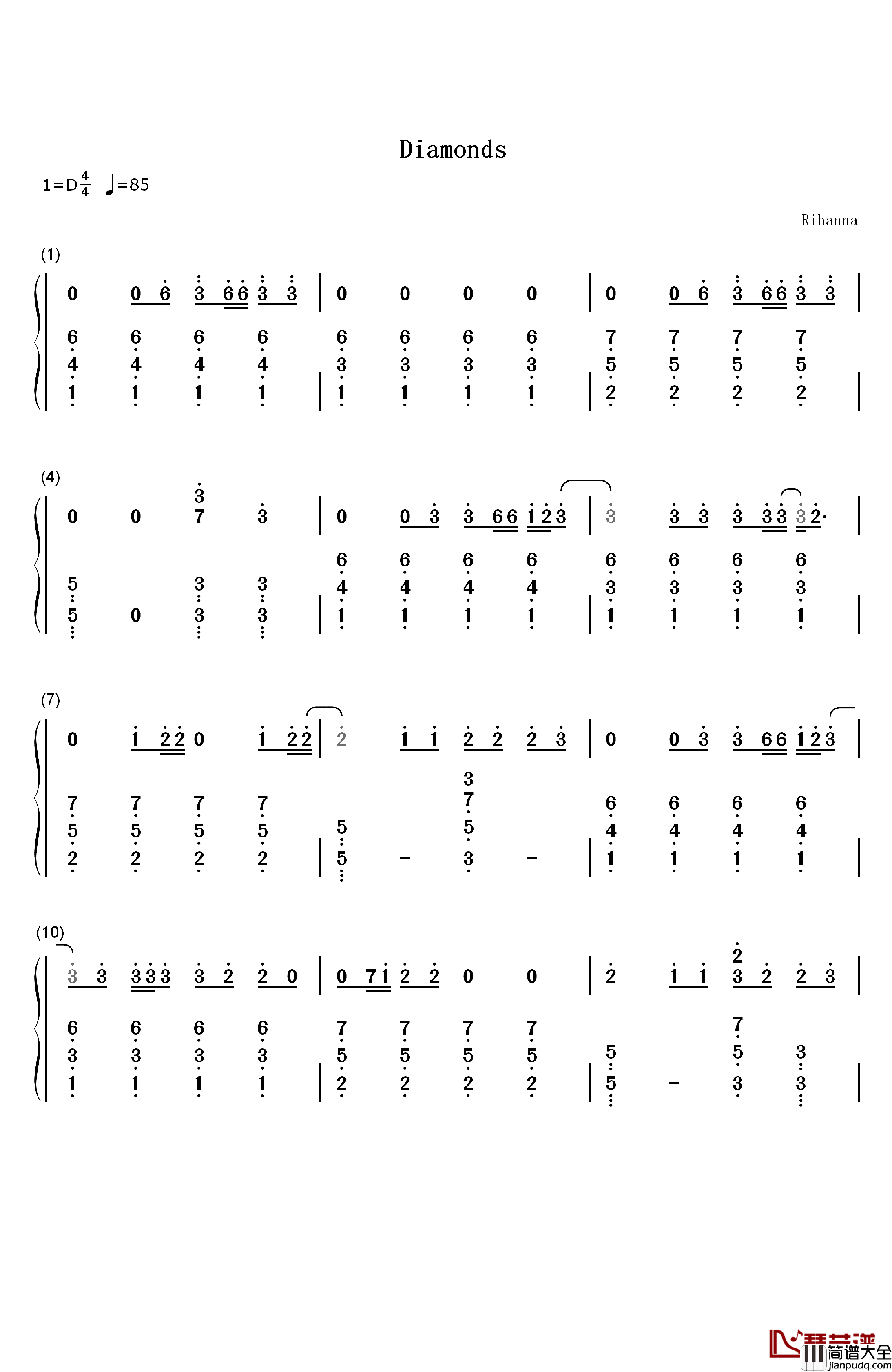 Diamonds简单版钢琴简谱_数字双手_Rihanna