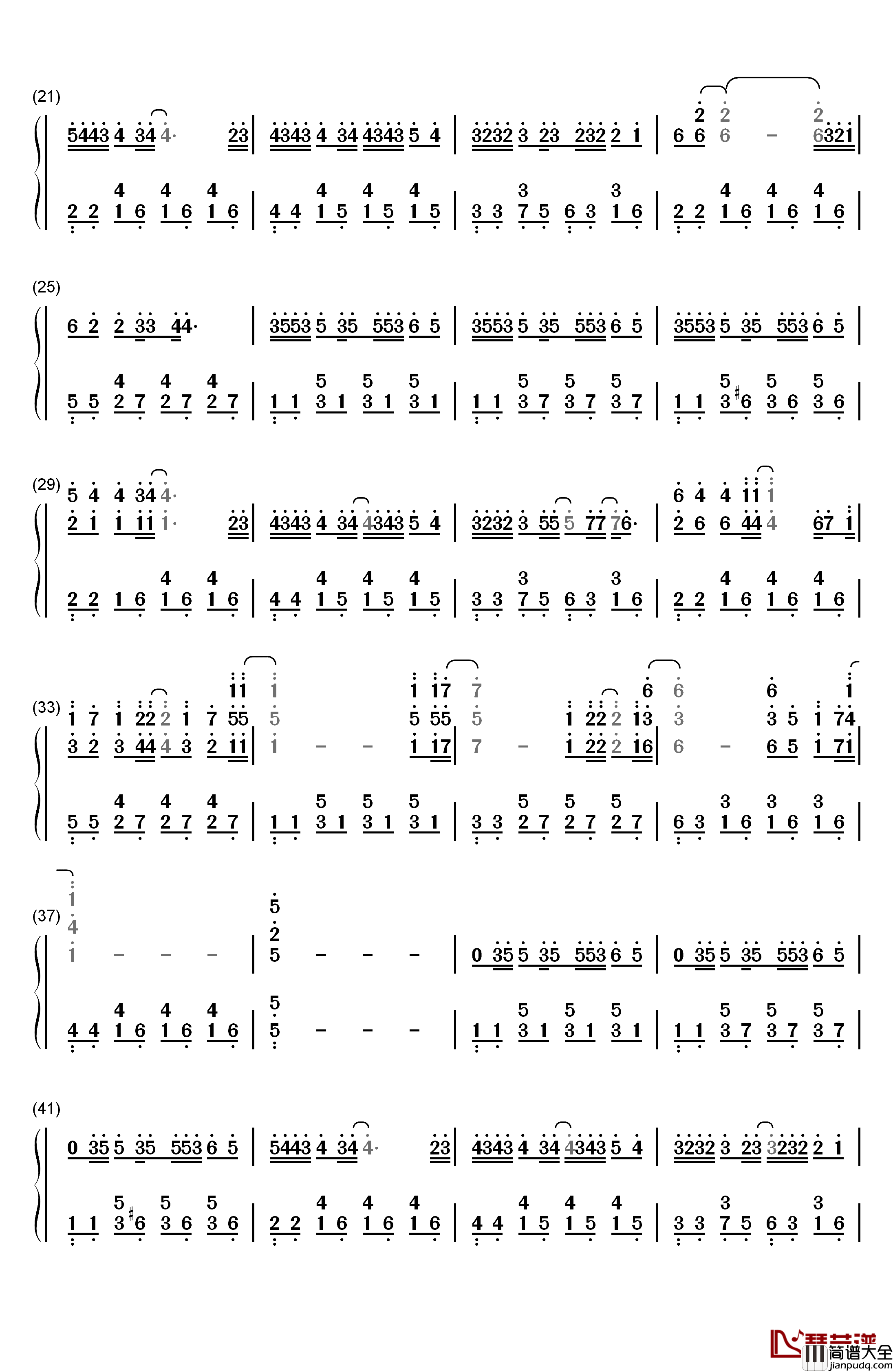 昨日青空钢琴简谱_数字双手_尤长靖