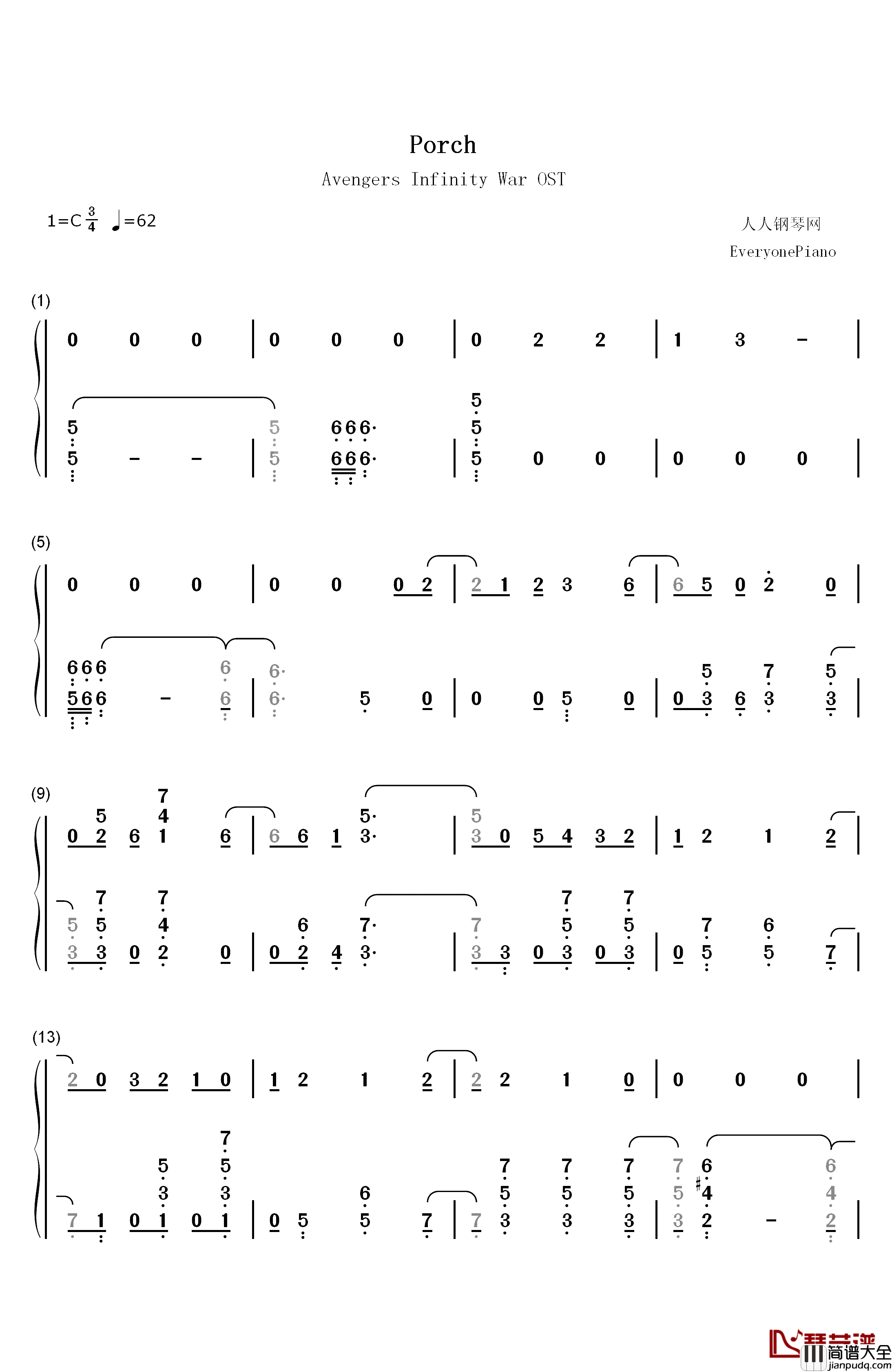 Porch钢琴简谱_数字双手_Alan_Silvestri