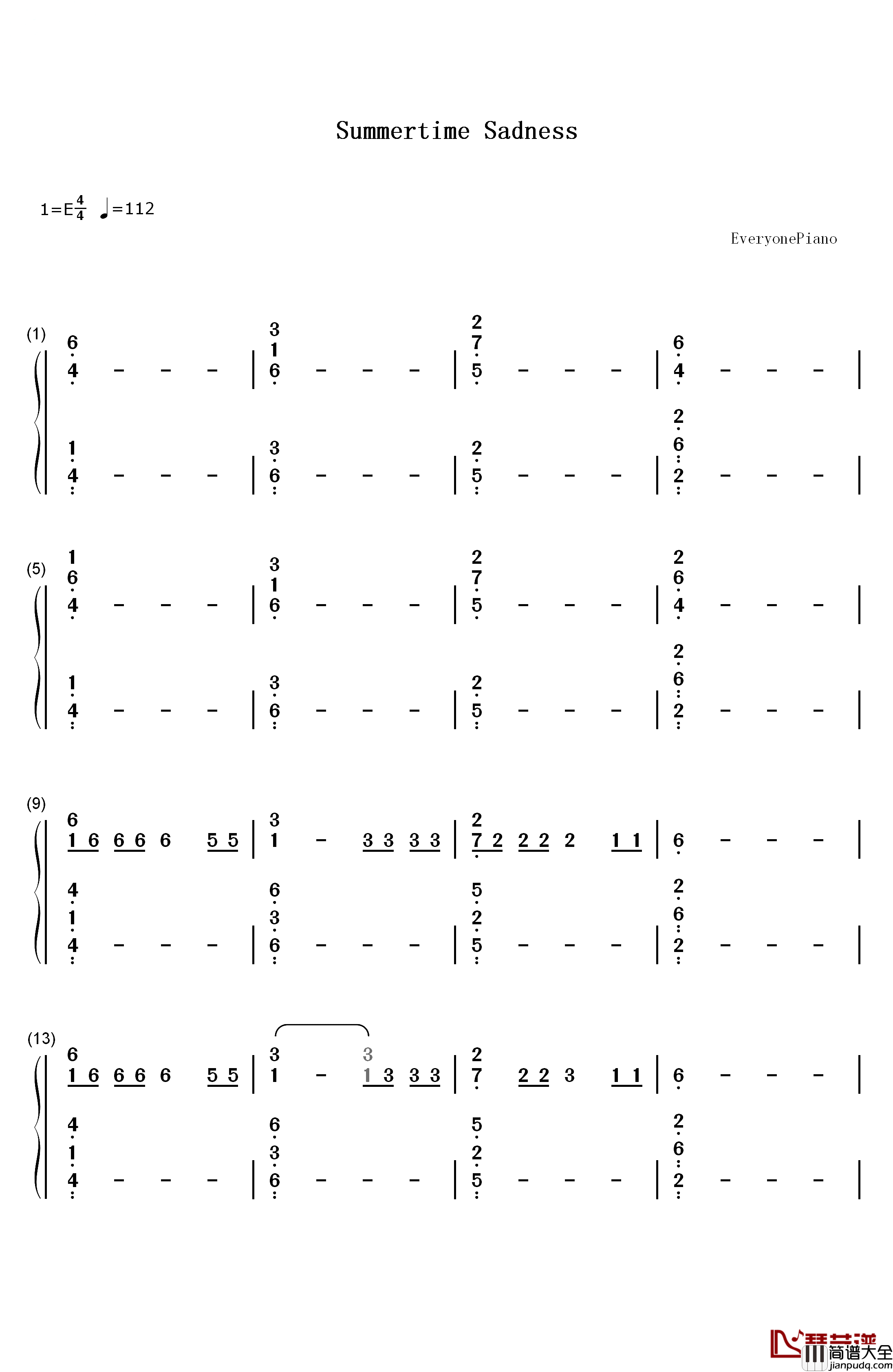Summertime_Sadness(夏日忧郁)钢琴简谱_数字双手_Lana_Del_Rey