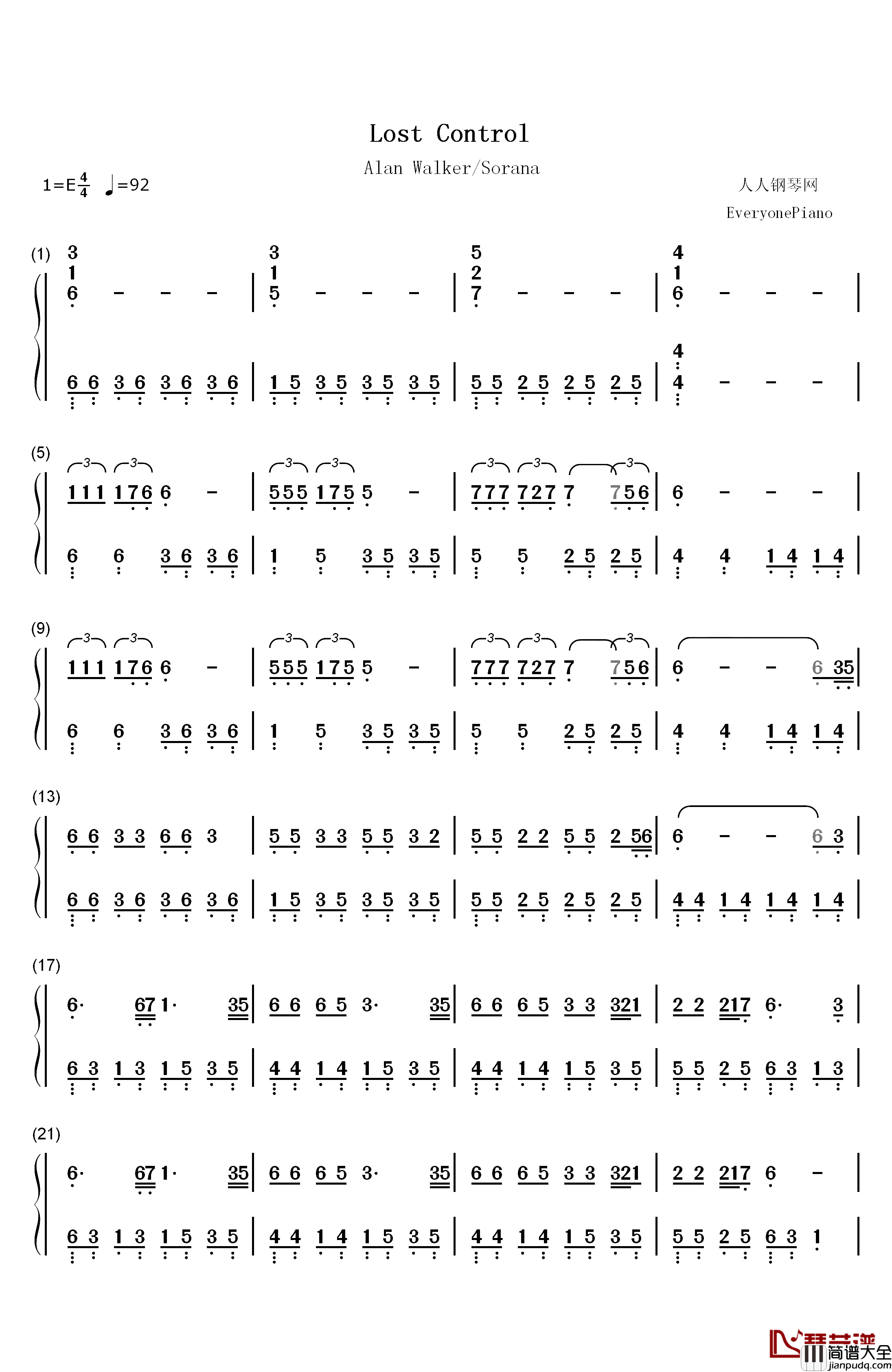 Lost_Control钢琴简谱_数字双手_Alan_Walker_Sorana