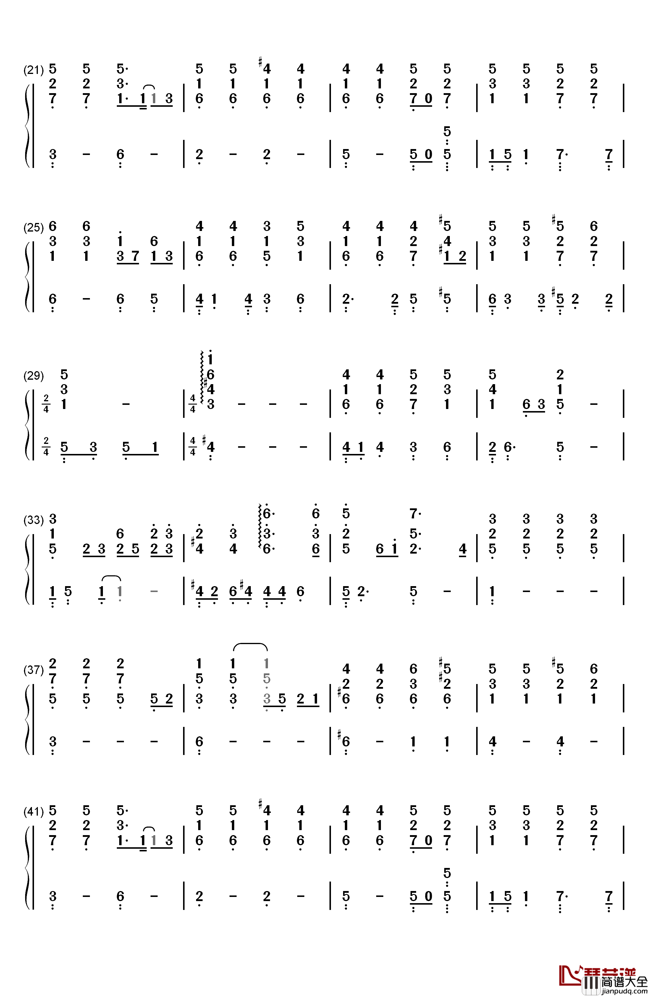 不哭钢琴简谱_数字双手_Sunnee