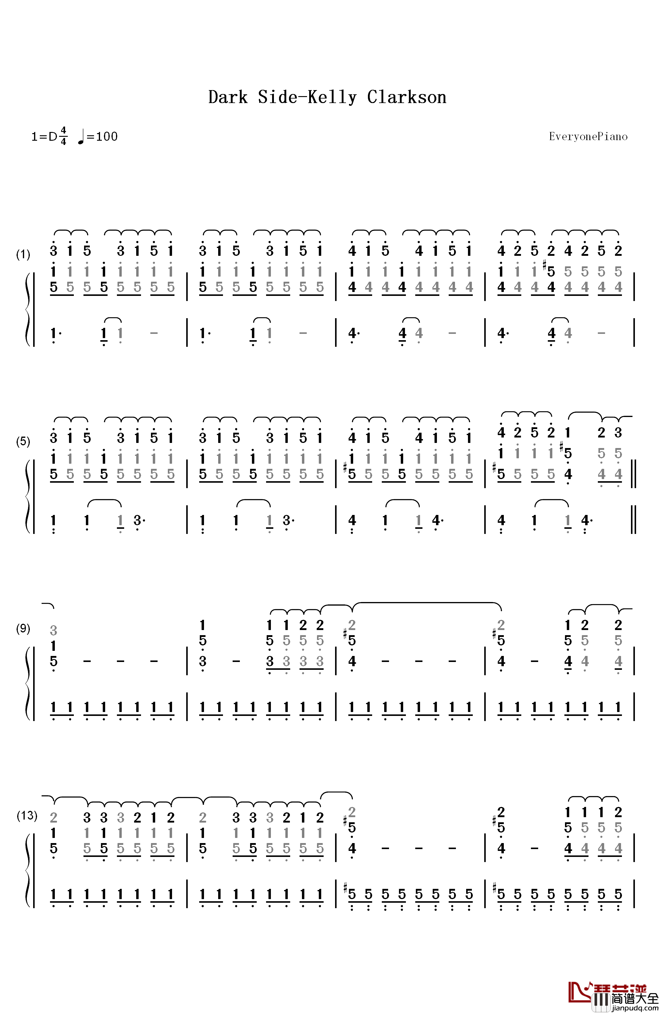 Dark_Side钢琴简谱_数字双手_Kelly_Clarkson