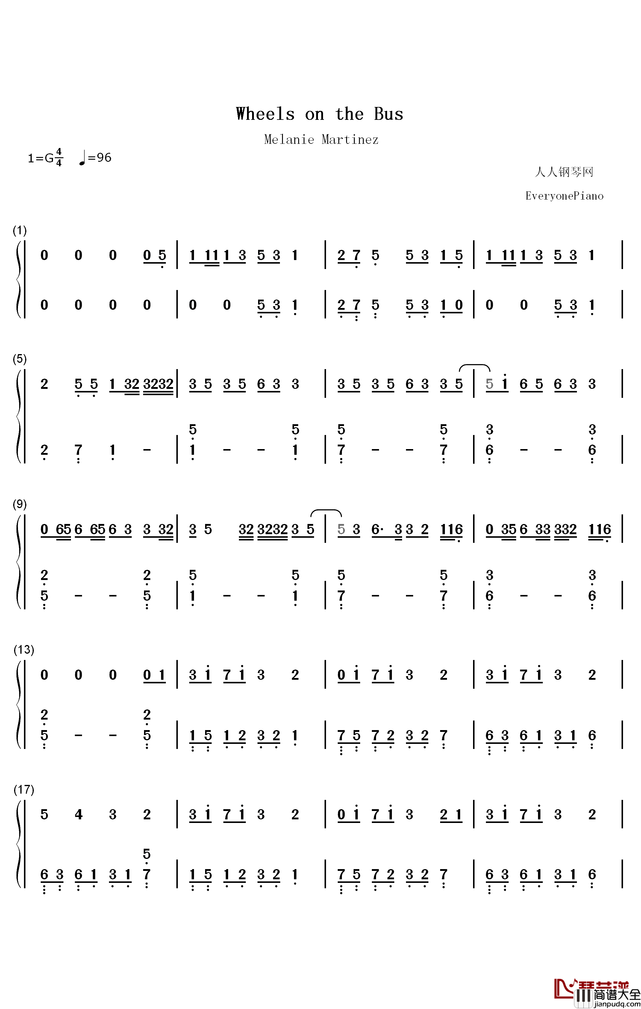 Wheels_on_the_Bus钢琴简谱_数字双手_Melanie_Martinez
