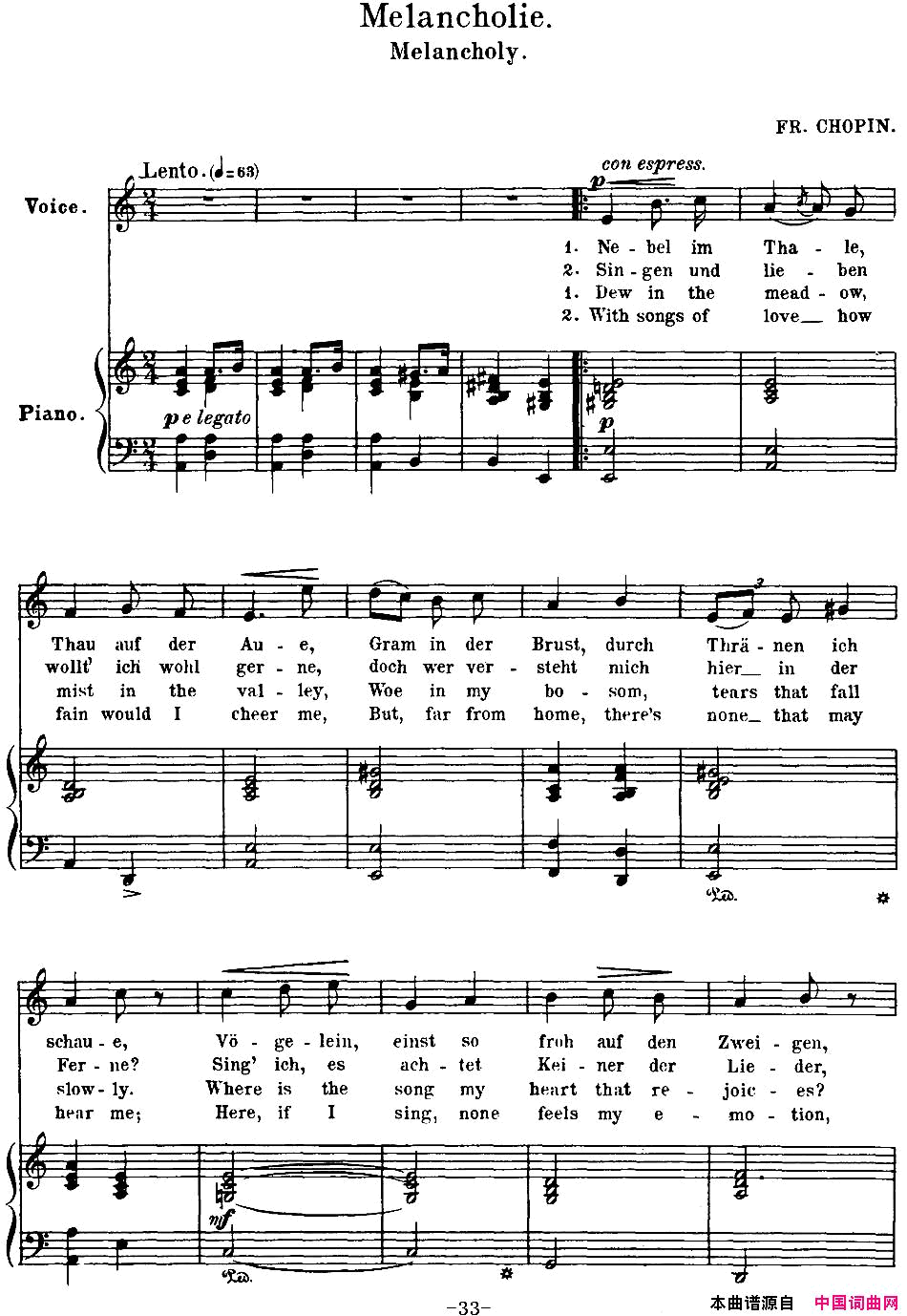 Chopin_17PolishSongsOp.74，No.13Melancholie.Melancholy.钢琴伴奏谱Chopin_17_Polish_Songs_Op.74，No.13Melanch