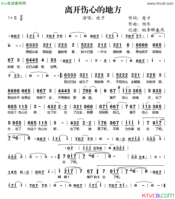 离开伤心的地方简谱_欢子演唱