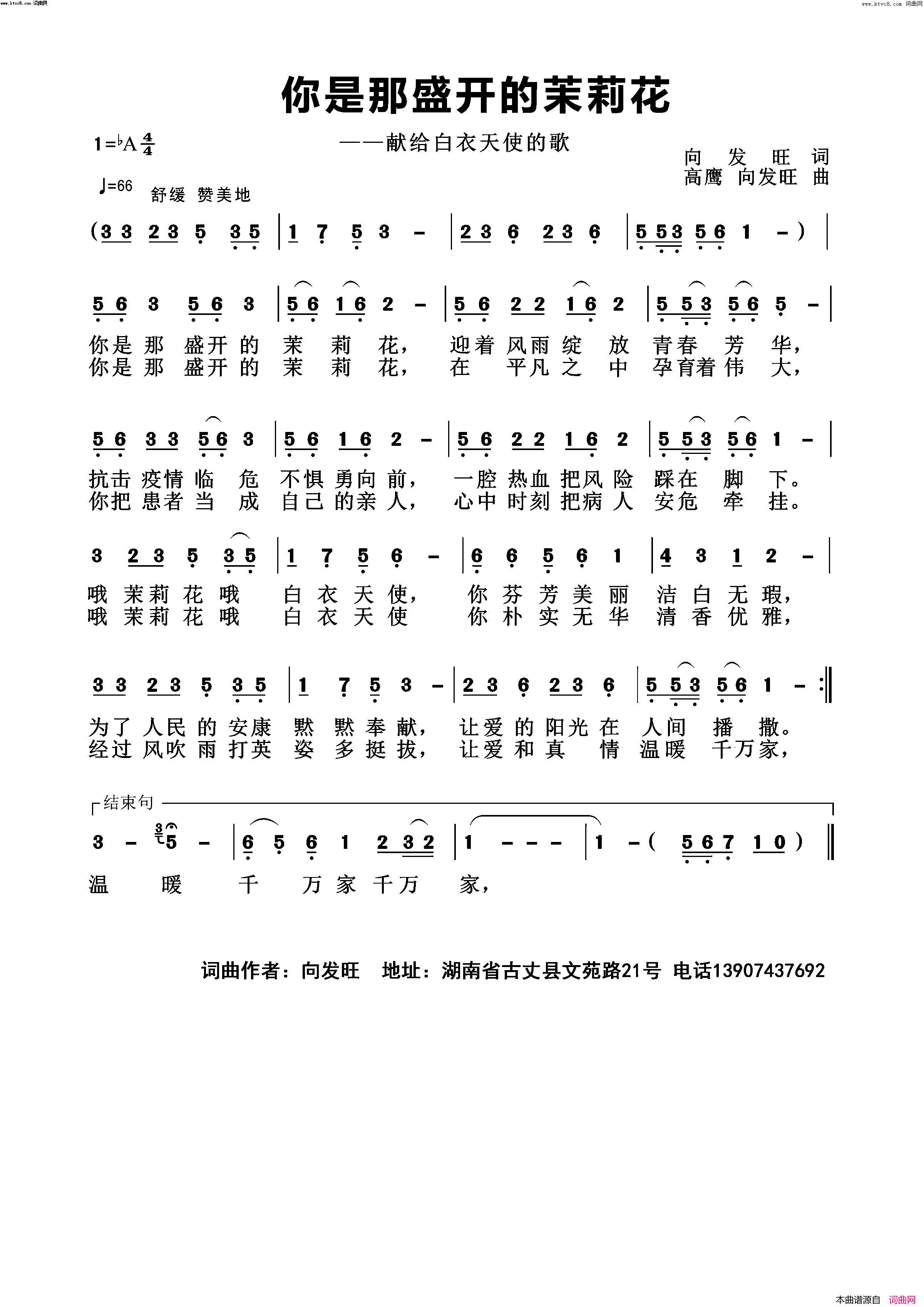 你是那盛开的茉莉花献给白衣天使的歌简谱
