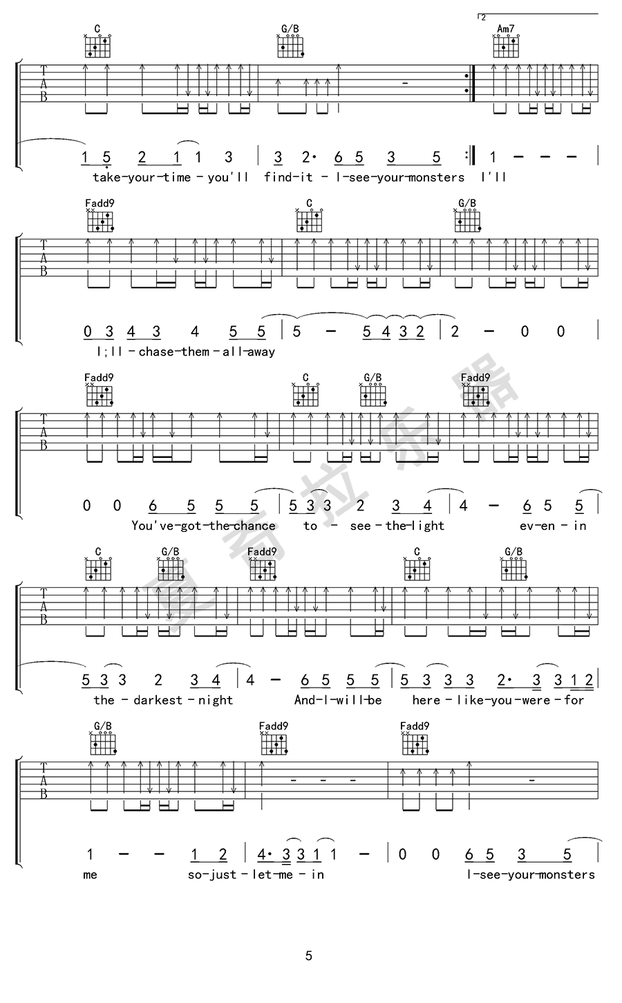 Monsters吉他谱_Katie_Sky_C调弹唱谱_高清完整版