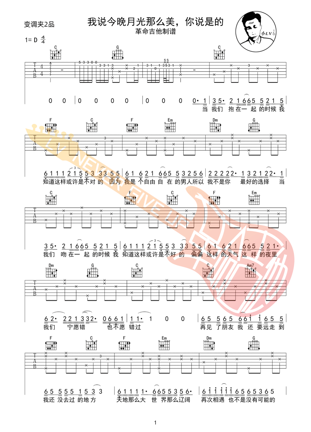 我说今晚月光那么美你说是的吉他谱_好妹妹乐队_C调原版编配