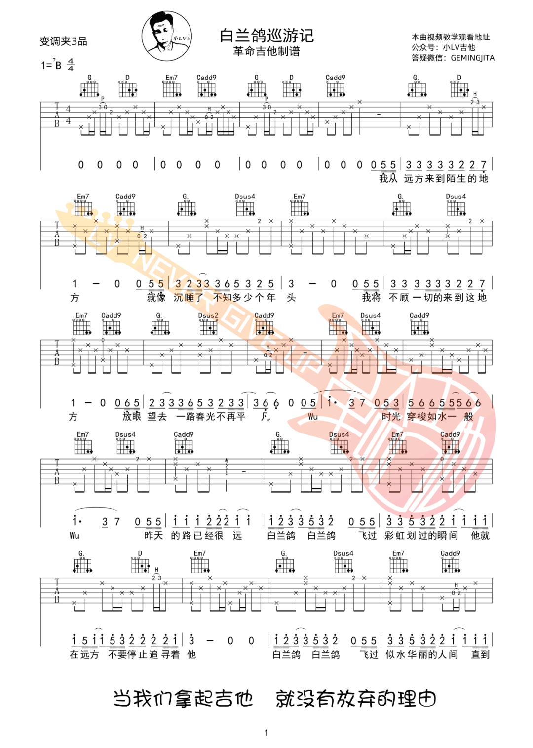 白兰鸽巡游记吉他谱_丢火车乐队_G调指法
