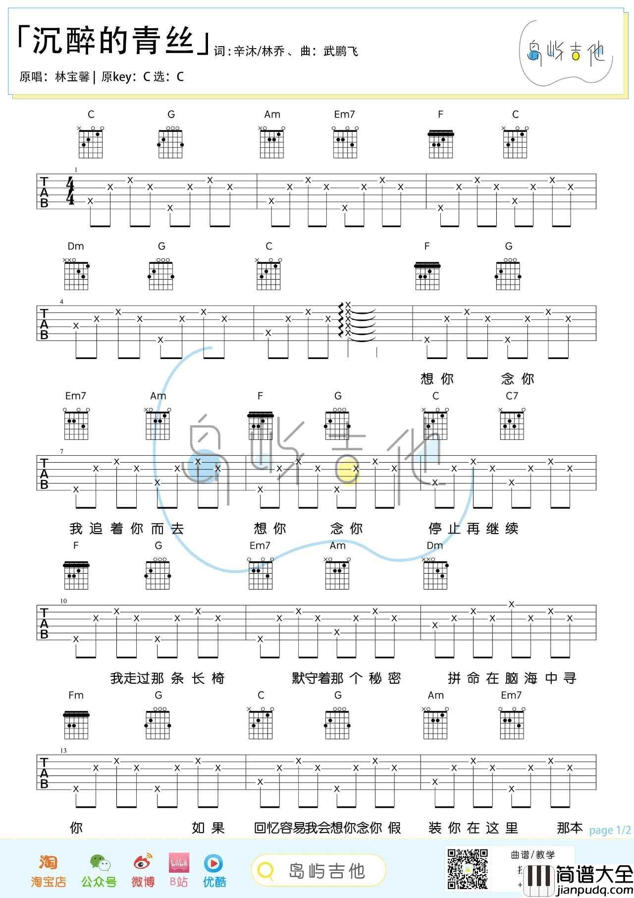 沉醉的青丝吉他谱_林宝馨_C调指法简单版