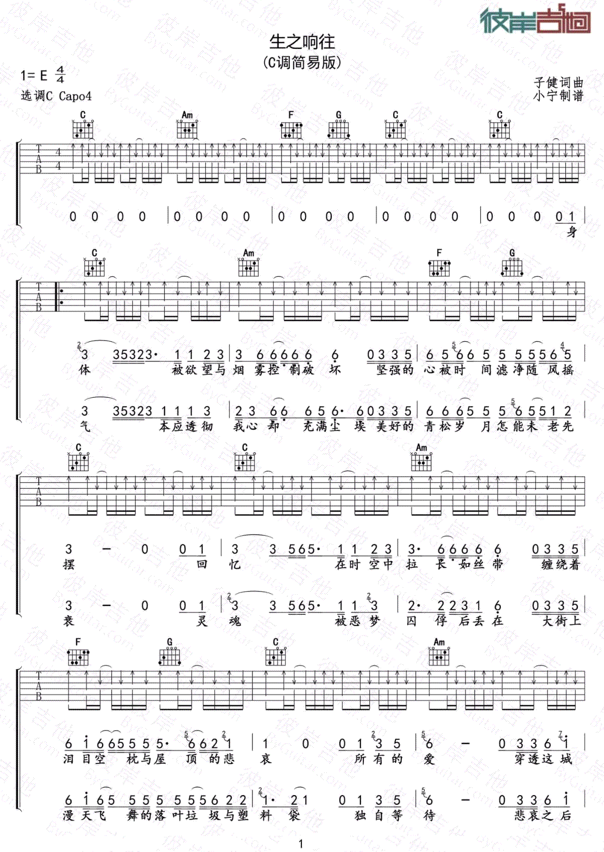 生之响往吉他谱_刺猬乐队_C调指法扫弦版