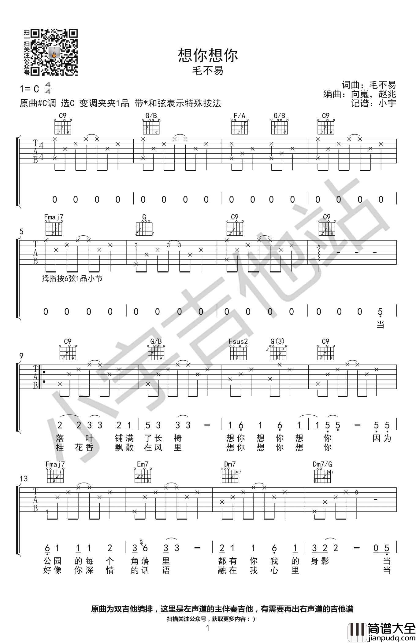 想你想你吉他谱_毛不易_C调指法编配