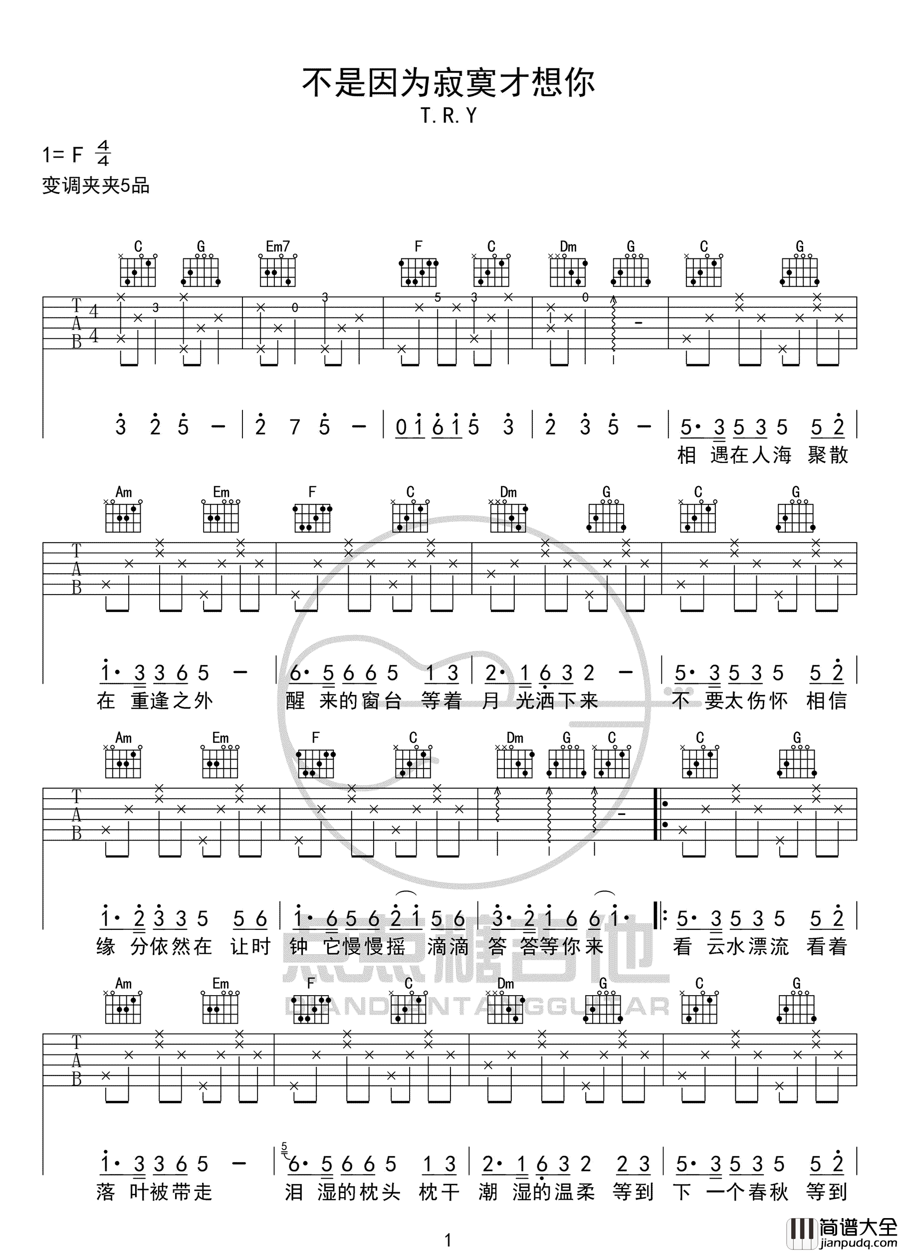 不是因为寂寞才想你吉他谱_王小帅/TRY_C调原版