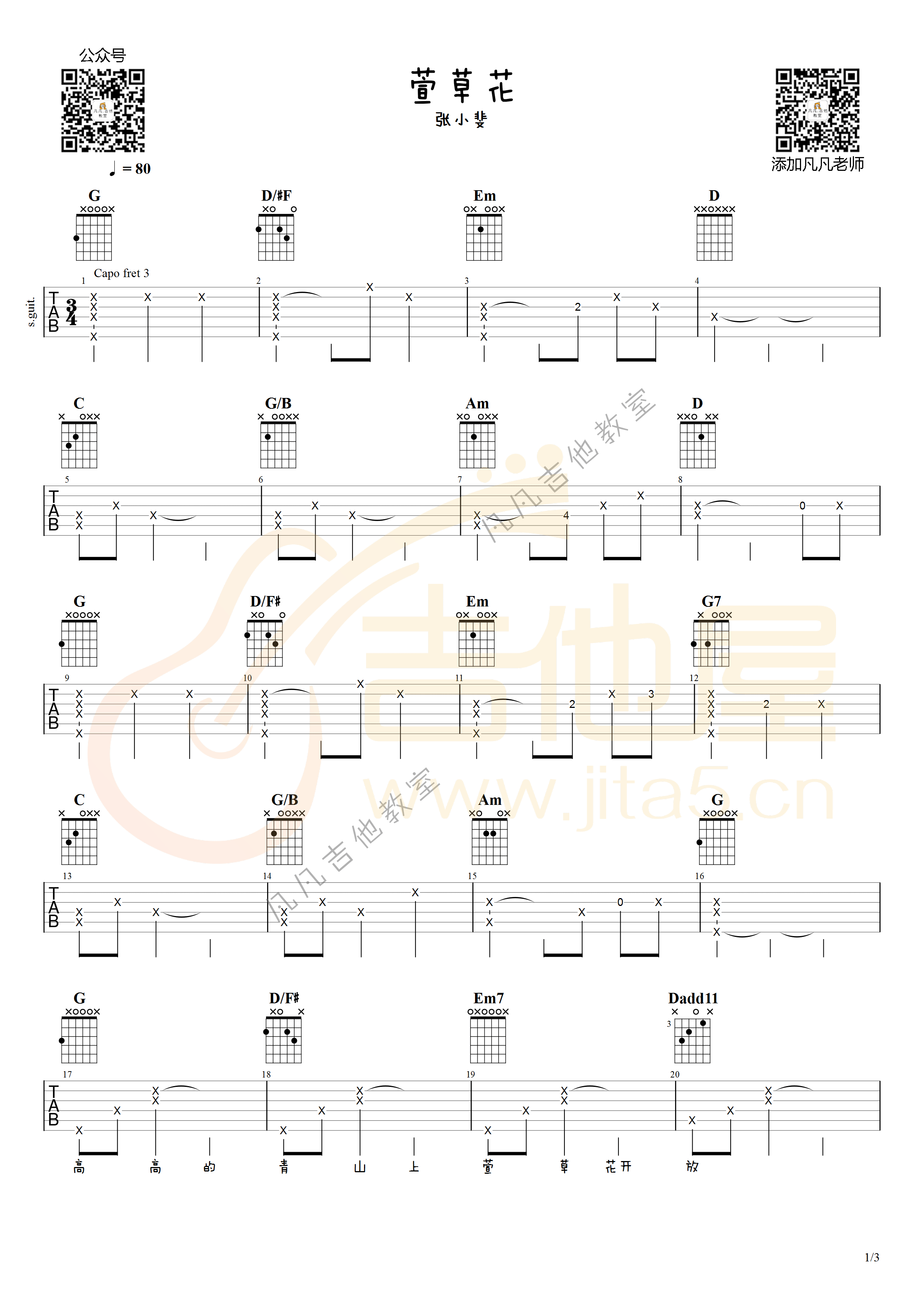 萱草花吉他谱_张小斐_G调指法原版六线谱_吉他弹唱示范