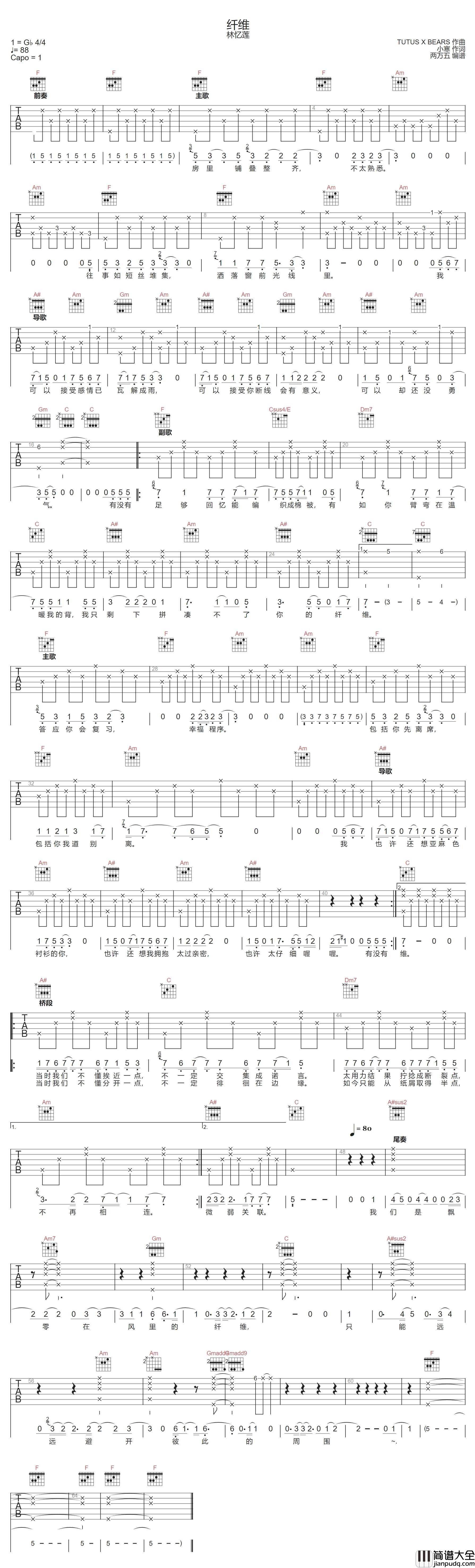 纤维吉他谱_林忆莲_F调指法编配