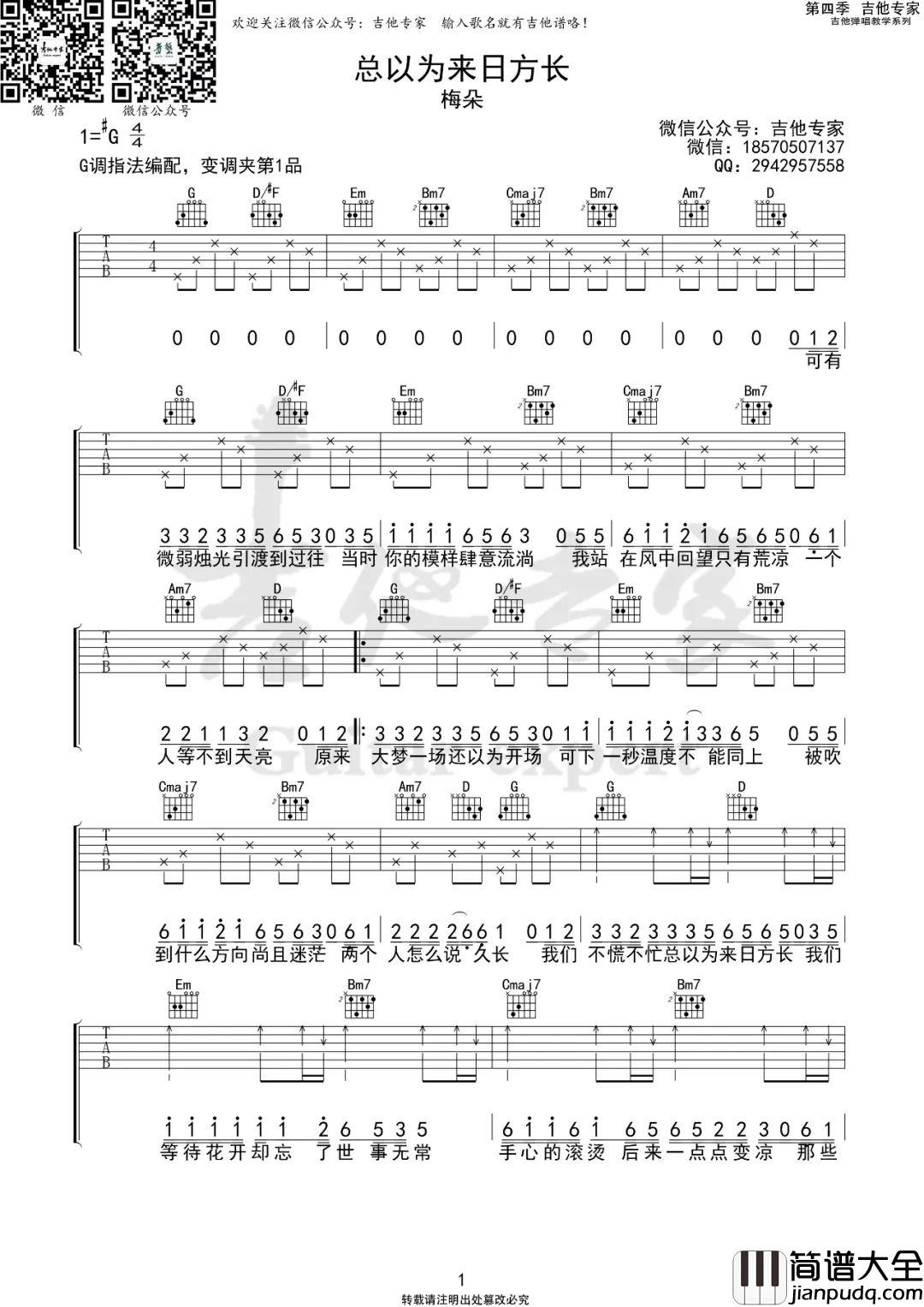 总以为来日方长吉他谱_梅朵_G调简单版