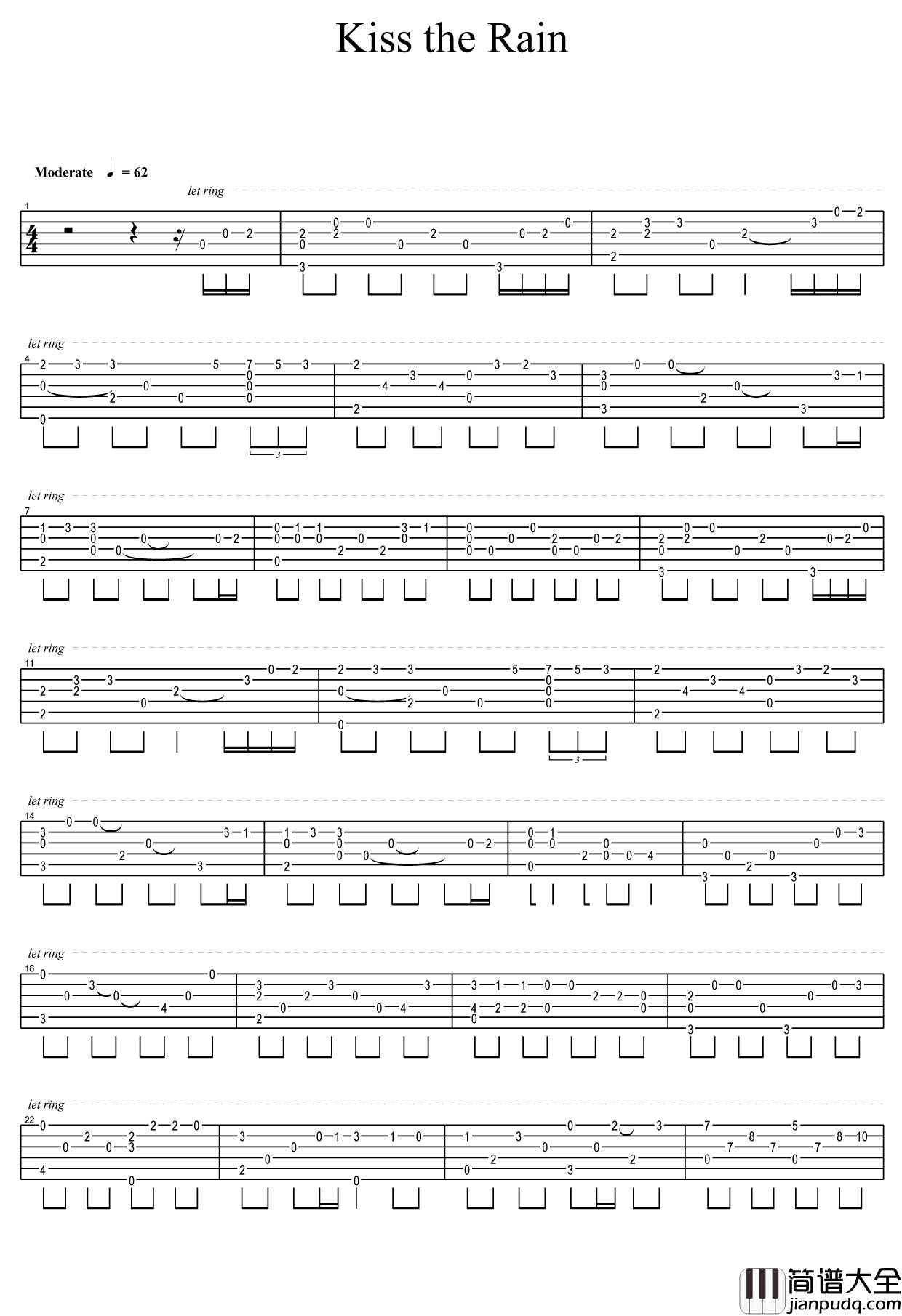 雨的印记指弹吉他谱_Kiss_The_Rain_简单版独奏六线谱