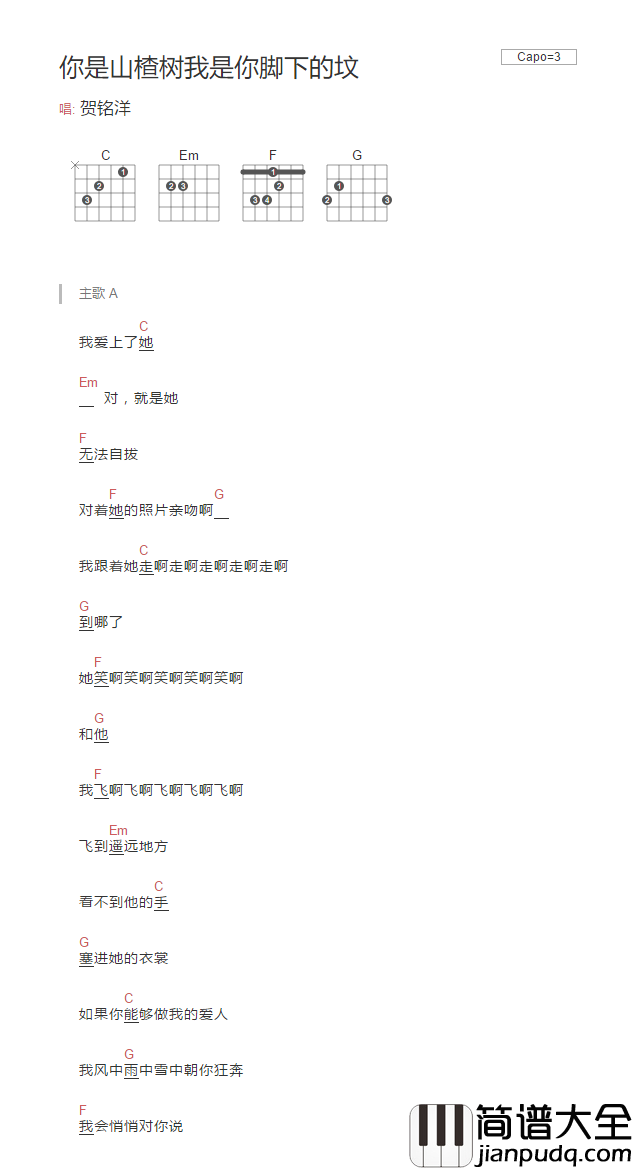你是山楂树我是你脚下的坟吉他谱_贺铭洋_C调简单版弹唱谱