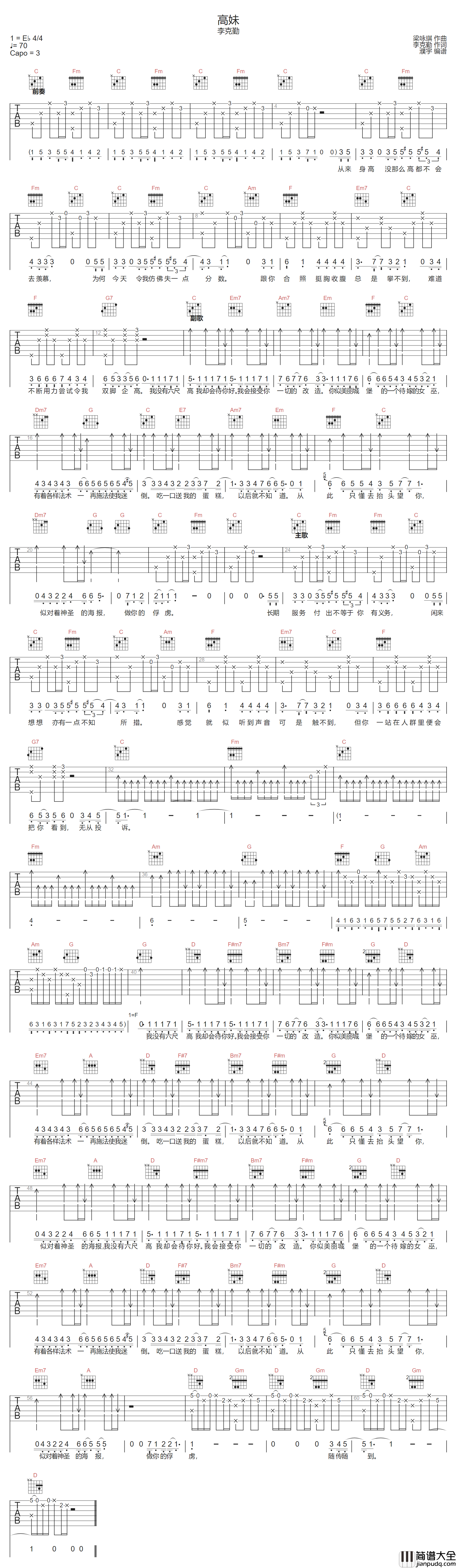 高妹吉他谱_李克勤_C调指法原版编配