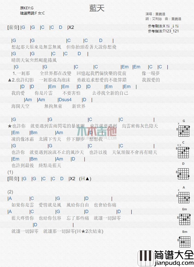 黄义达_蓝天_吉他谱_Guitar_Music_Score