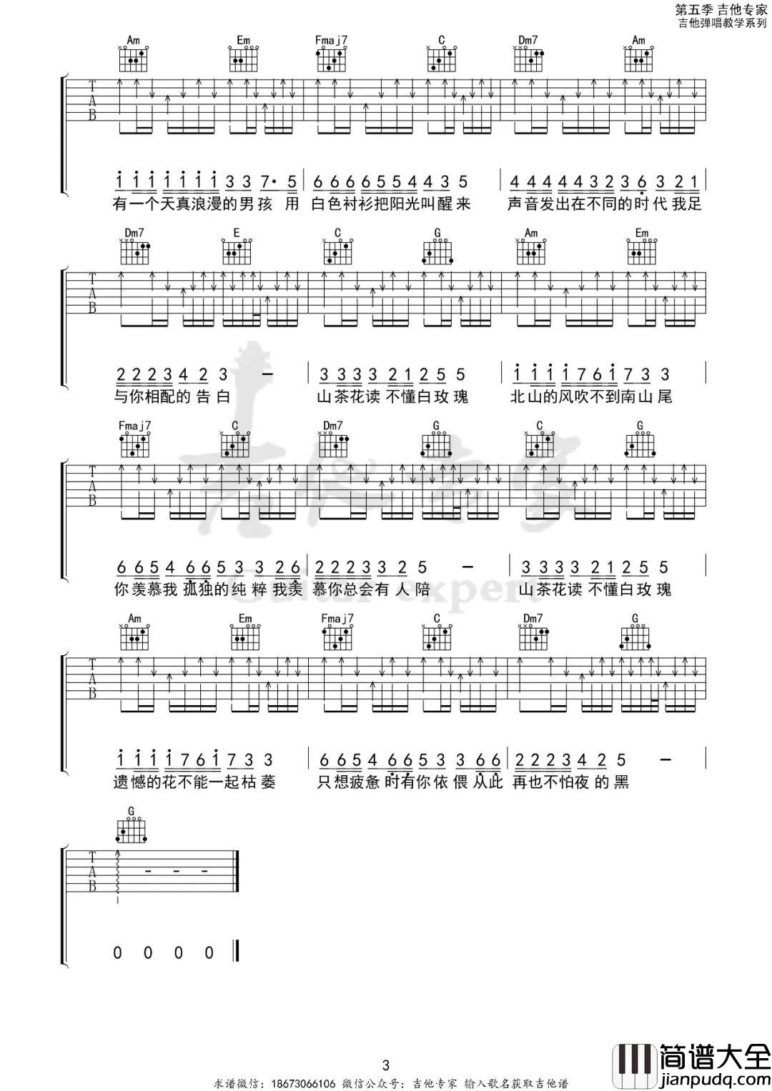 山茶花读不懂白玫瑰吉他谱_柯柯柯啊_C调指法