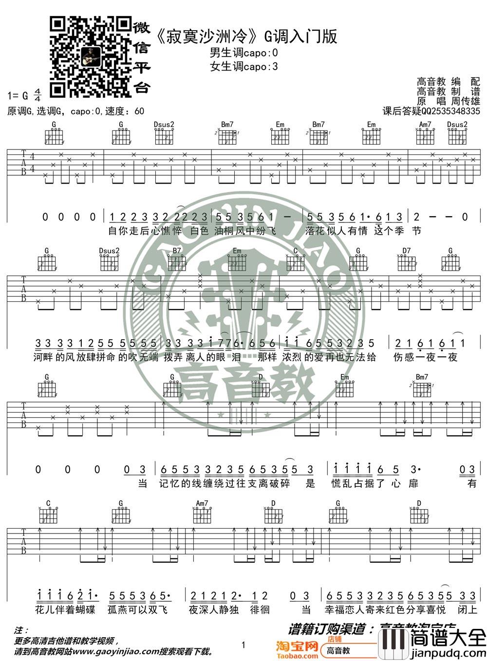 寂寞沙洲冷吉他谱_周传雄_G调简单版