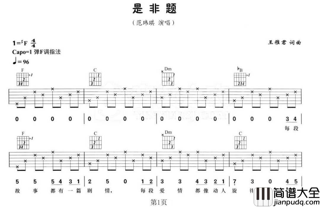 是非题吉他谱_范玮琪_F调指法编配
