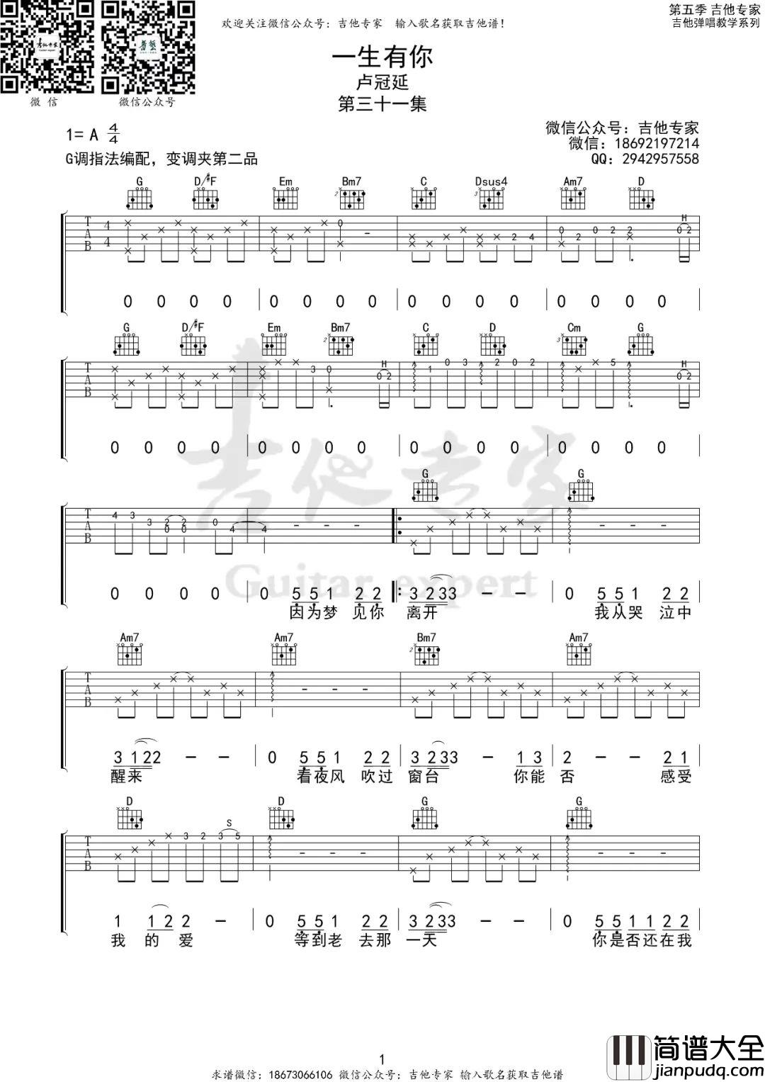 一生有你吉他谱_水木年华_G调原版编配