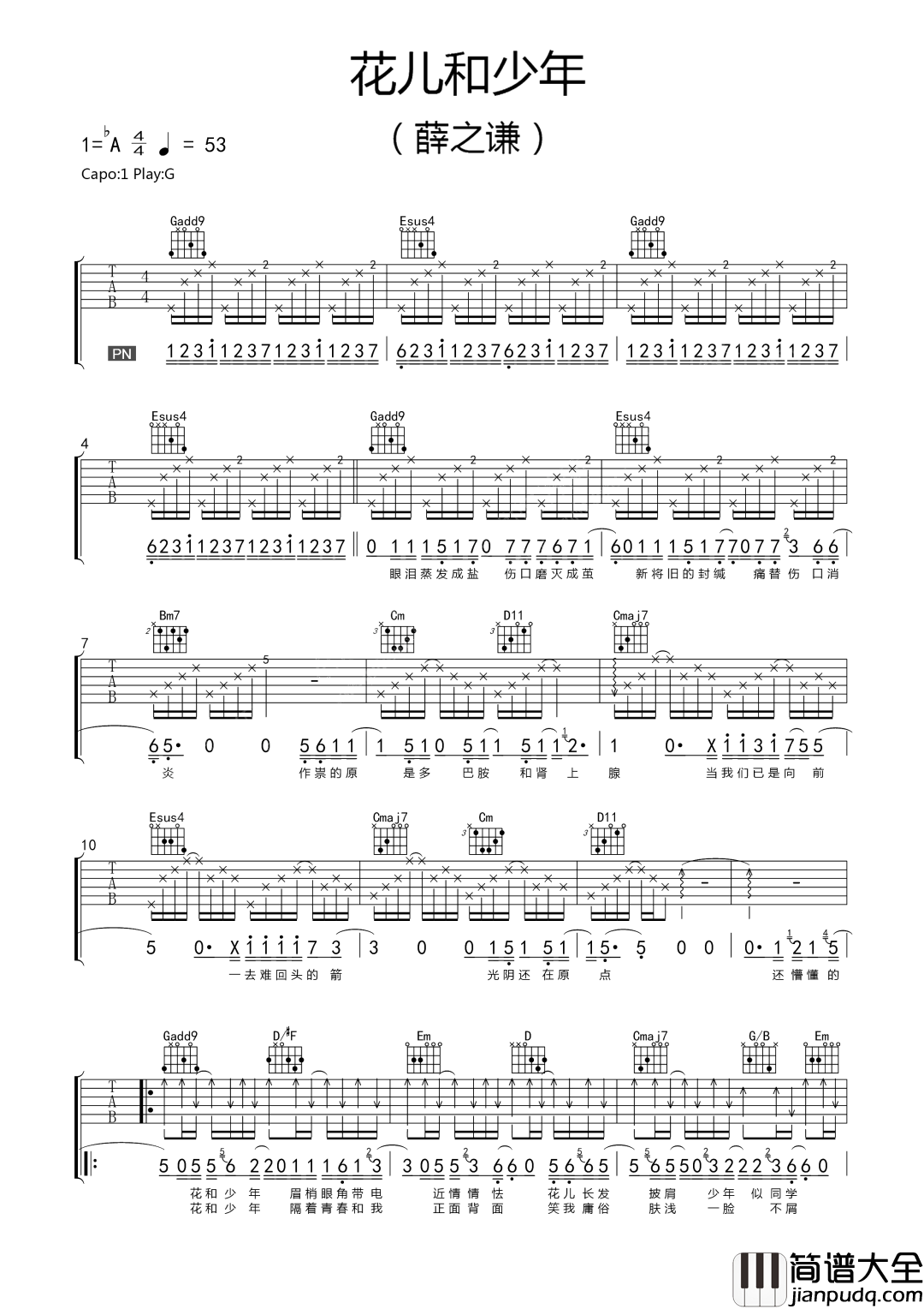 花儿和少年吉他谱_薛之谦_G调指法原版编配