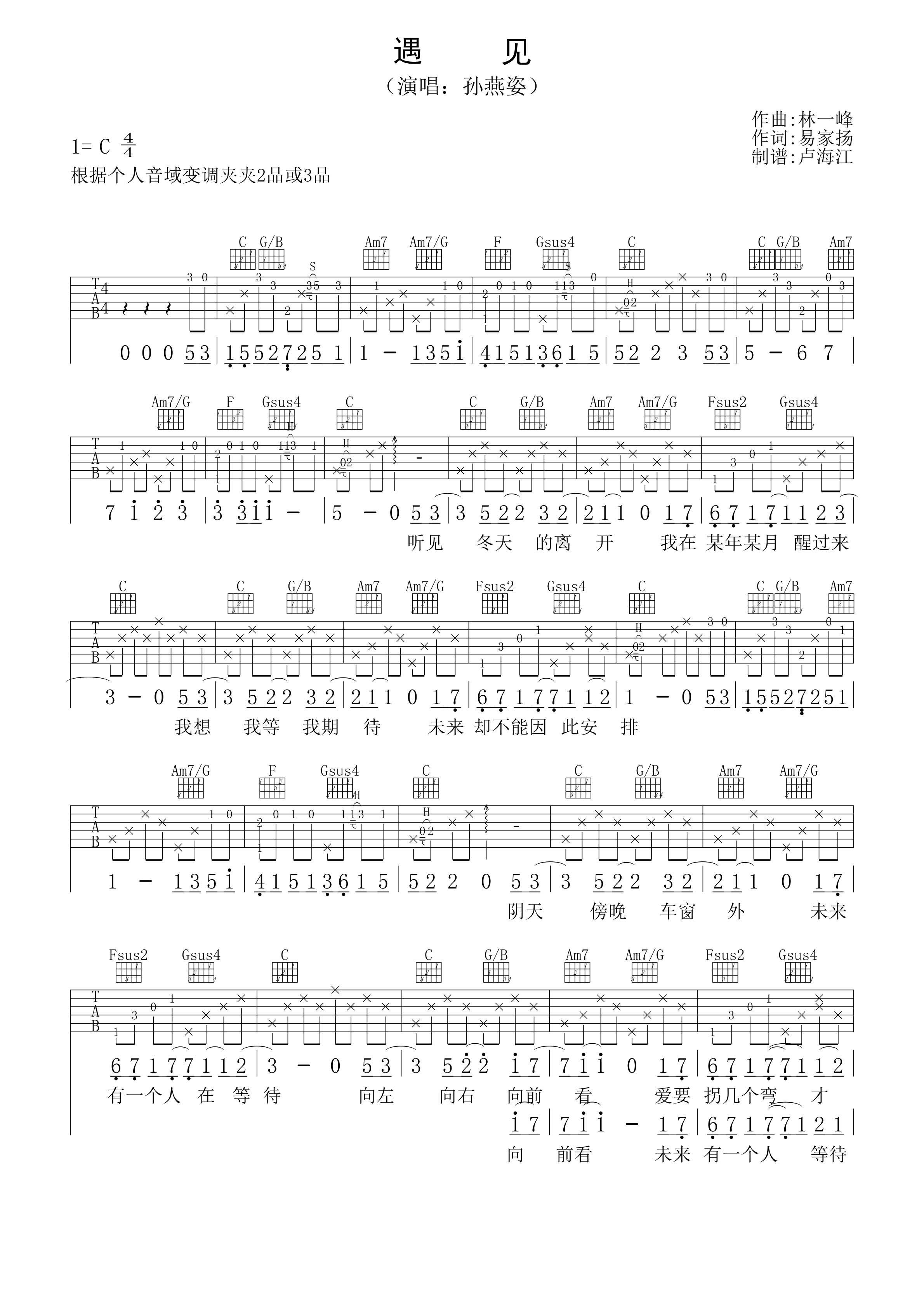 遇见吉他谱_孙燕姿_C调指法原版编配_遇见弹唱六线谱