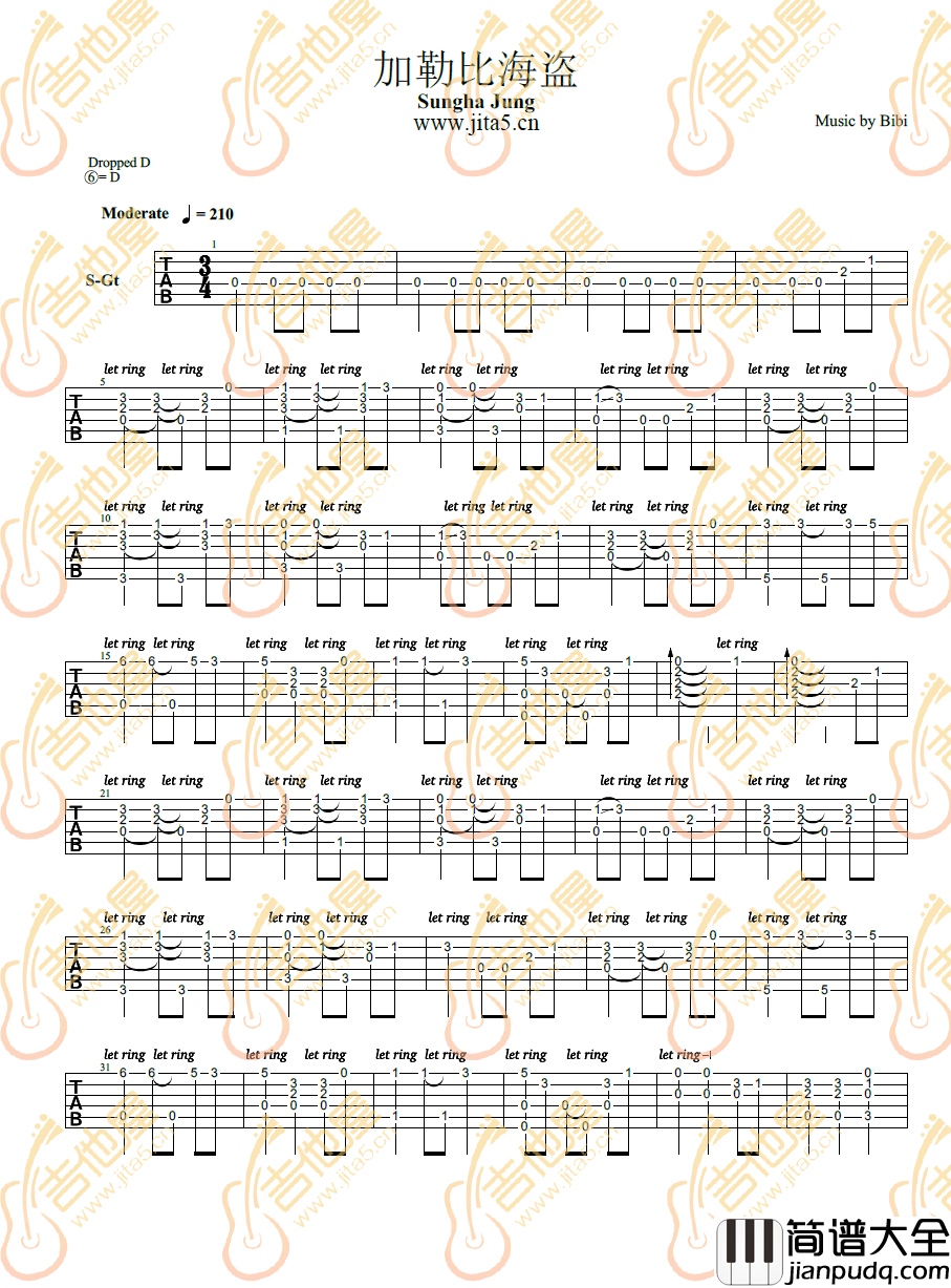 加勒比海盗指弹吉他谱_原版指弹独奏六线谱_吉他指弹谱