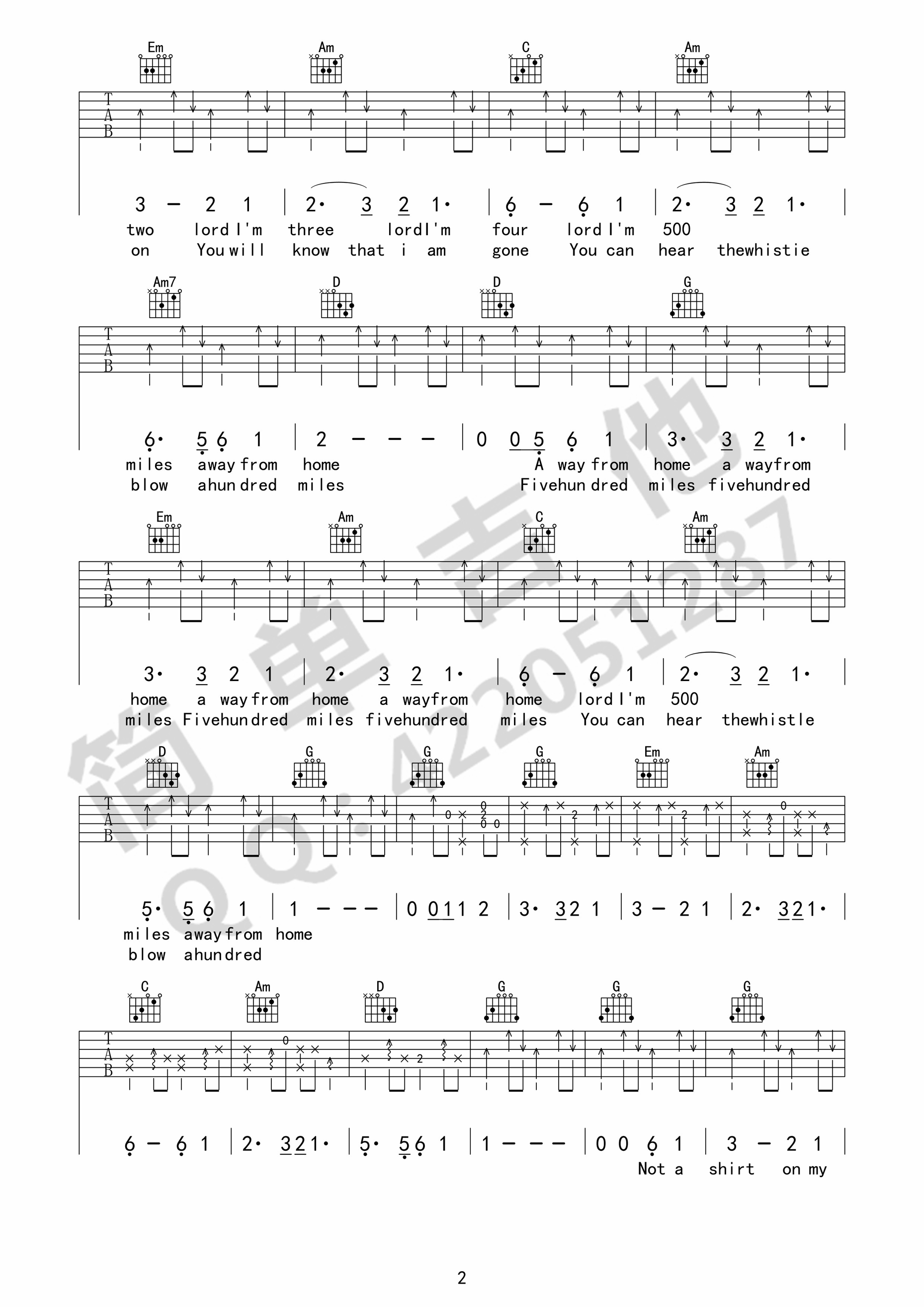 500英里吉他谱_TheBrotherFou_简单吉他_G调 