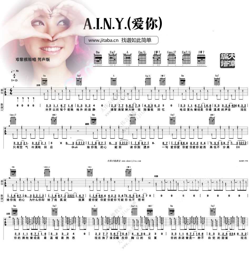 AINY爱你吉他谱_邓紫棋_大伟吉他教室_D调