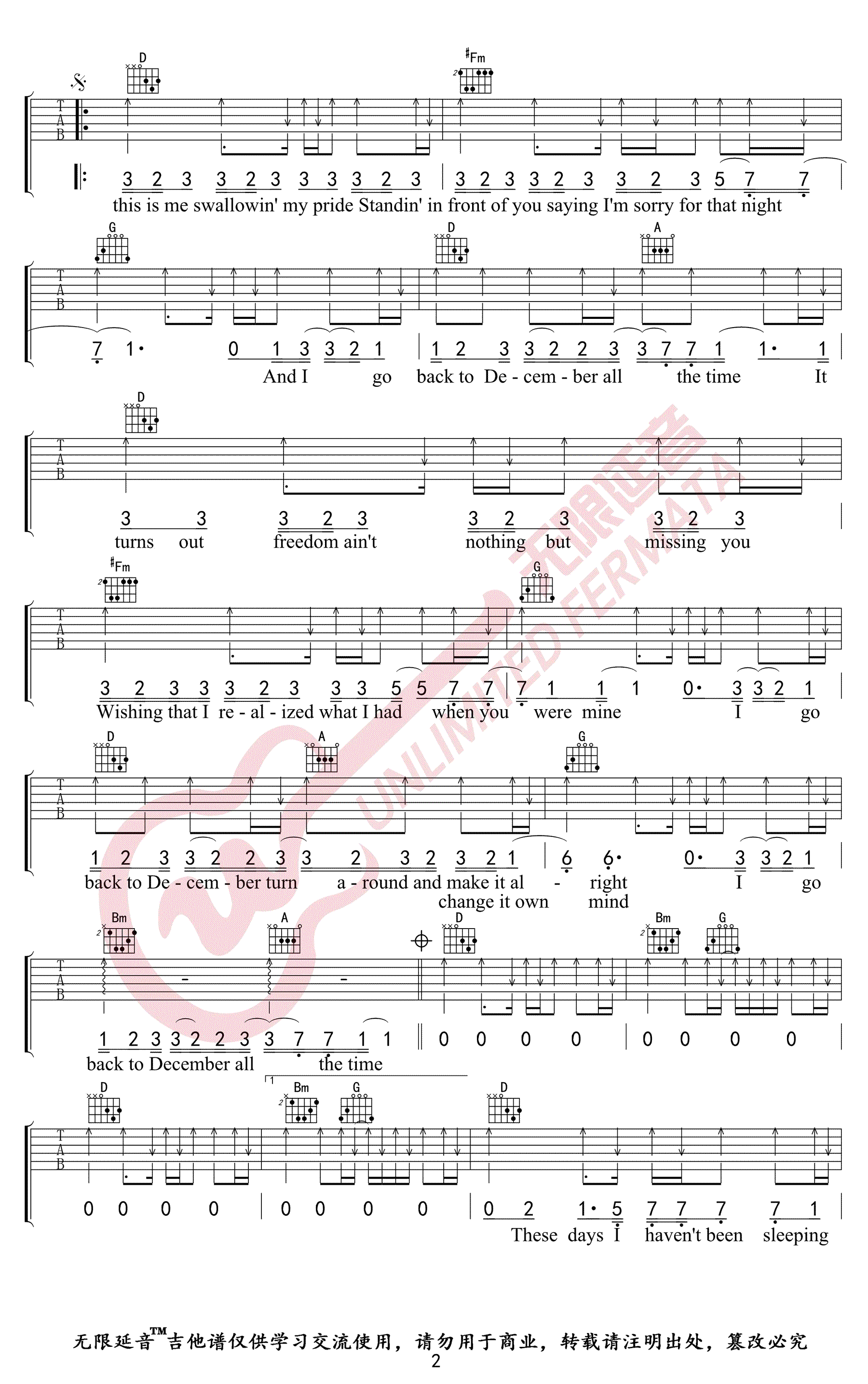 Back To December吉他谱_TaylorSwift_BackToDecember_无限延音_D调