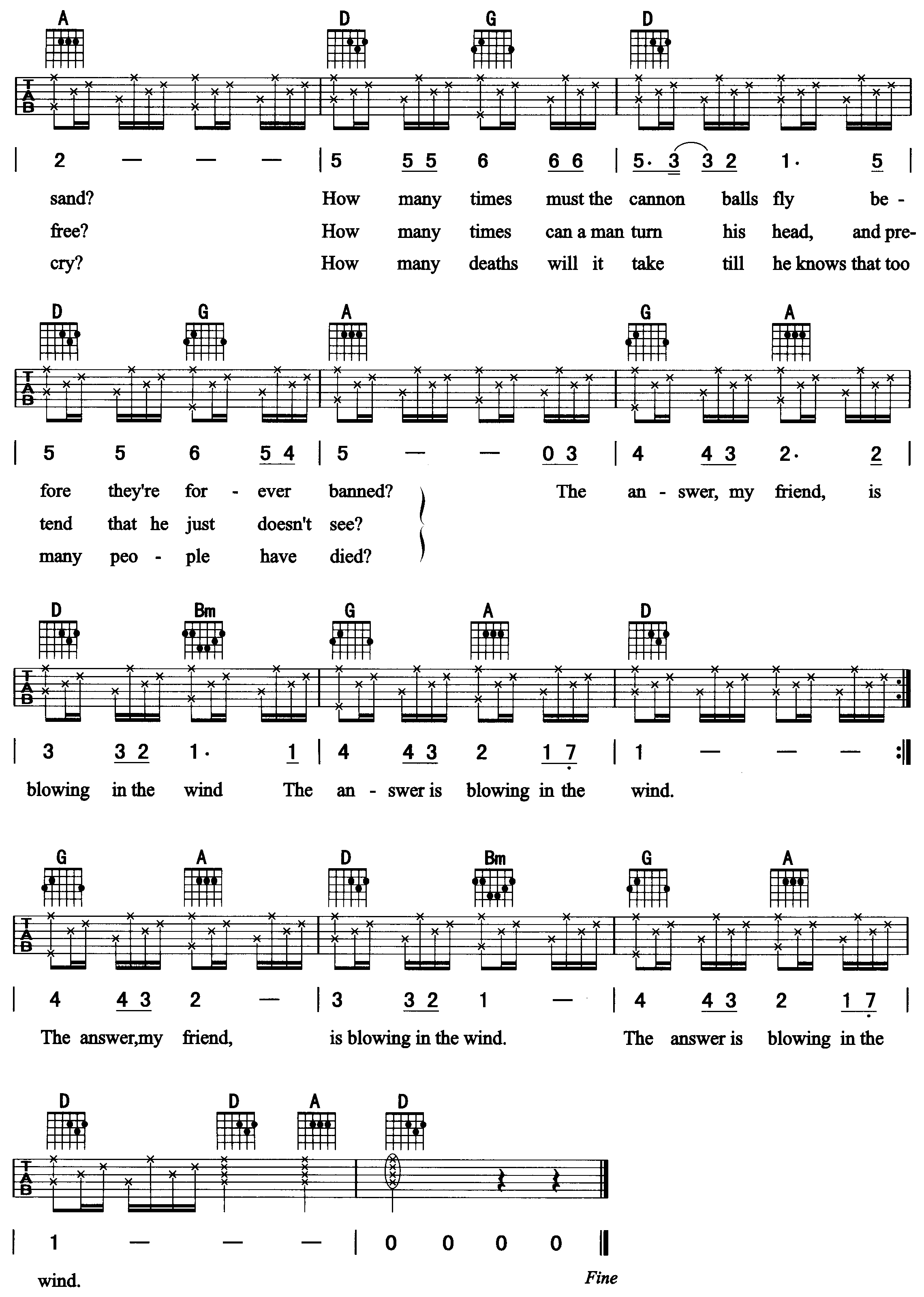 Blowing In The Wind吉他谱_BobDylan_BlowingInTheWind_网络转载_D调