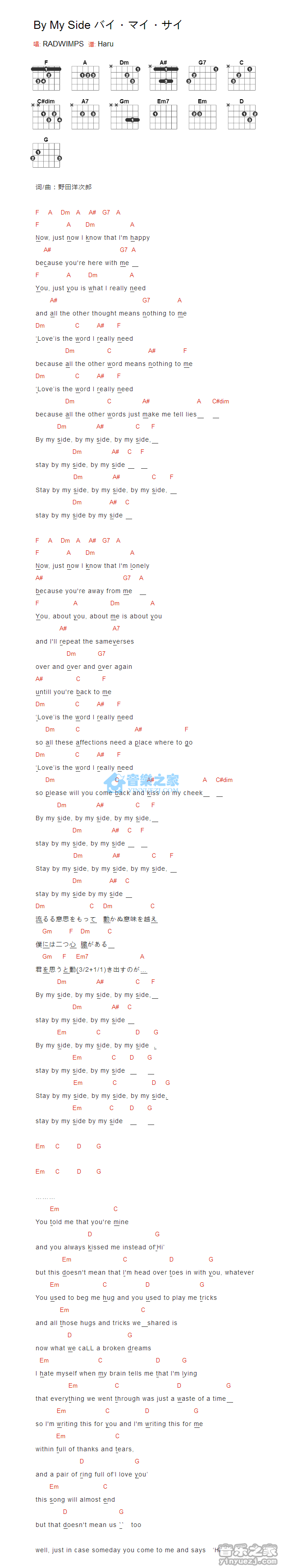 By My Side吉他谱_RADWIMPS_ByMySide_音乐之家_F调