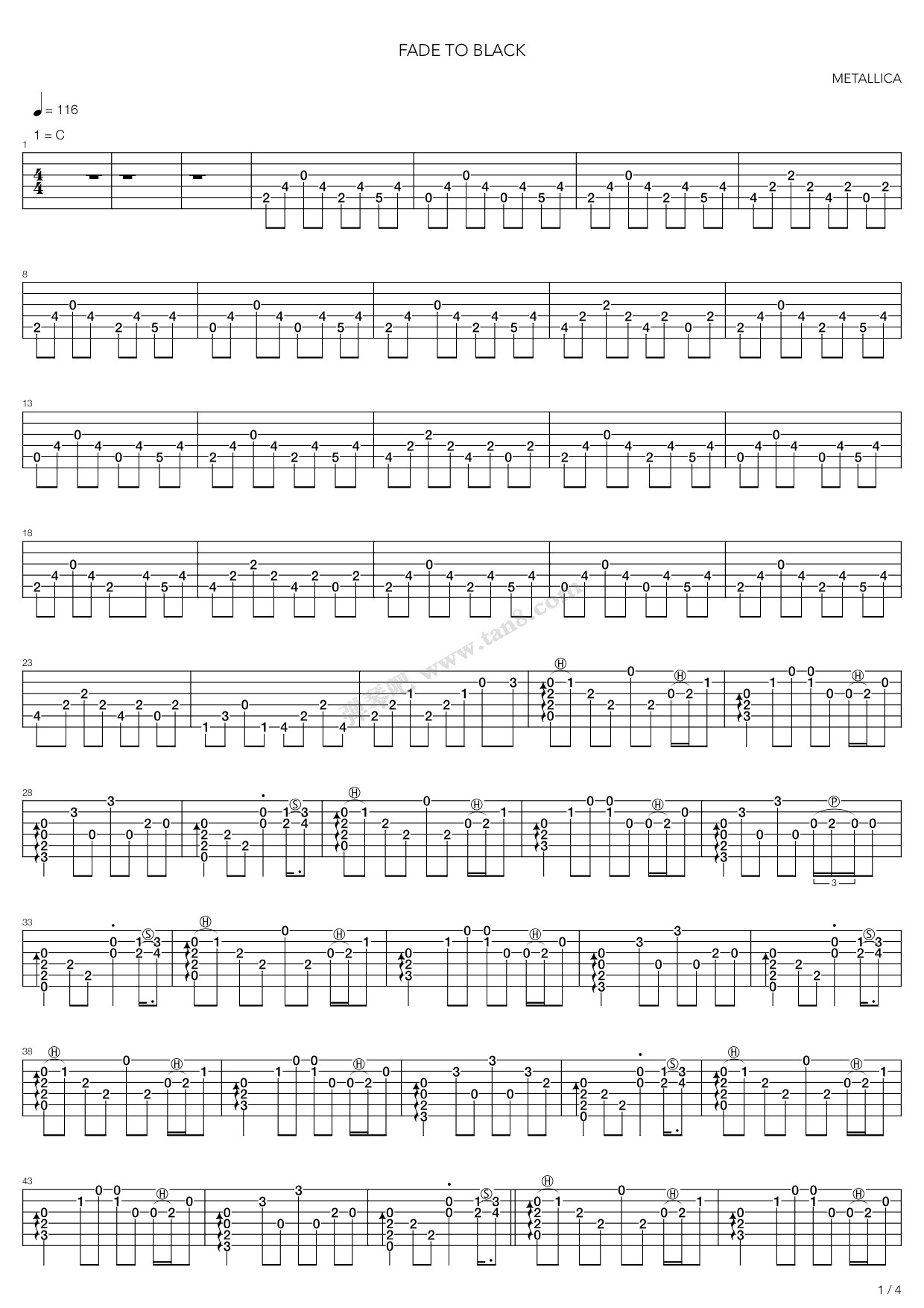 Fade to black吉他谱_Metallica_Fadetoblack指弹谱C调六线谱__网络转载_调_Fadetoblack 