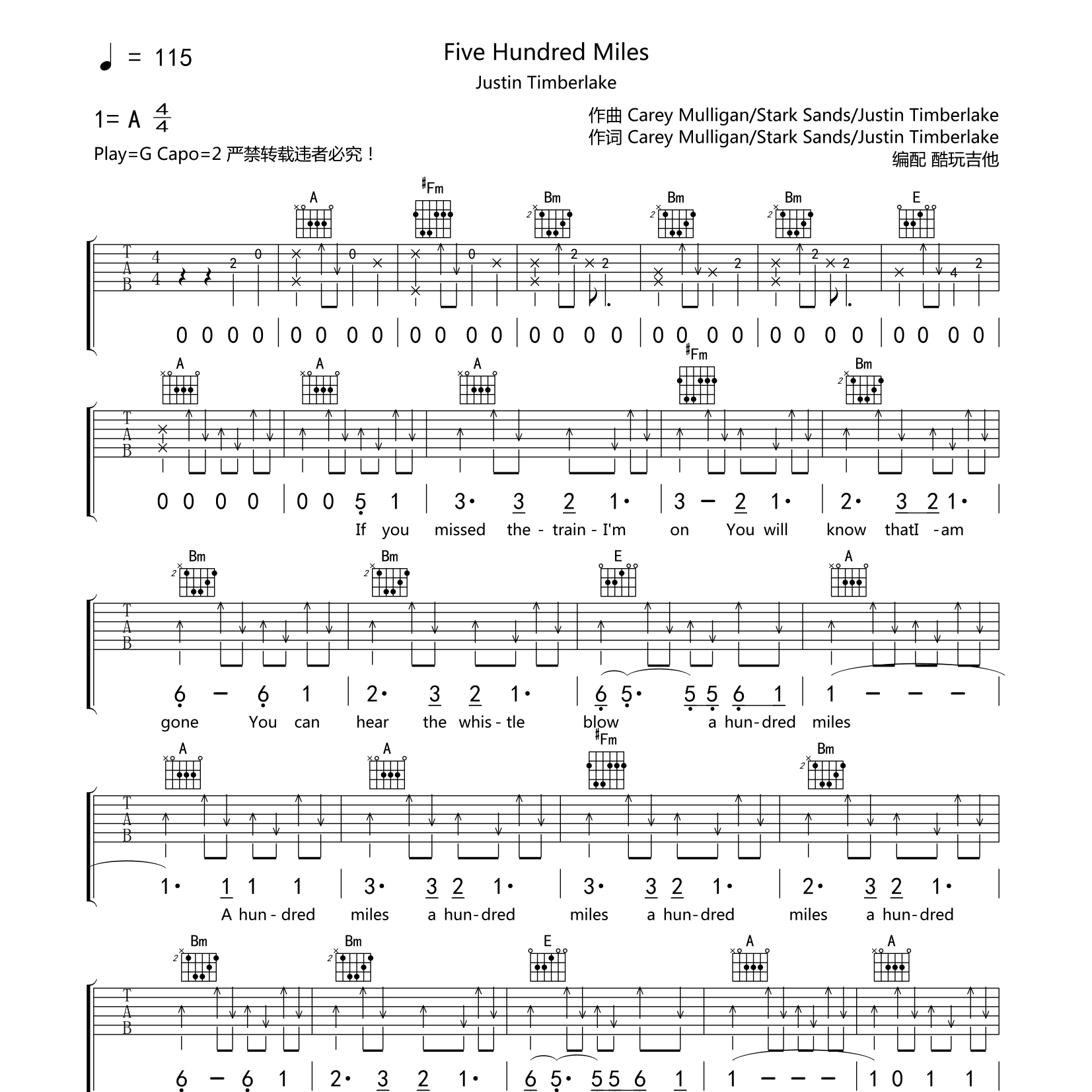 Five Hundred Miles（500英里）吉他谱_JustinTimberlake_FiveHundredMiles（500_酷玩吉他_A调_Fivehundredmiles_500英里 