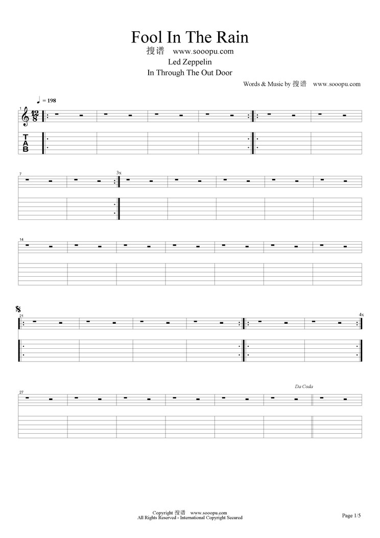 Fool In The Rain吉他谱_LedZeppelin_FoolInTheRain指弹谱原调六线_网络转载_调_FoolInTheRain 