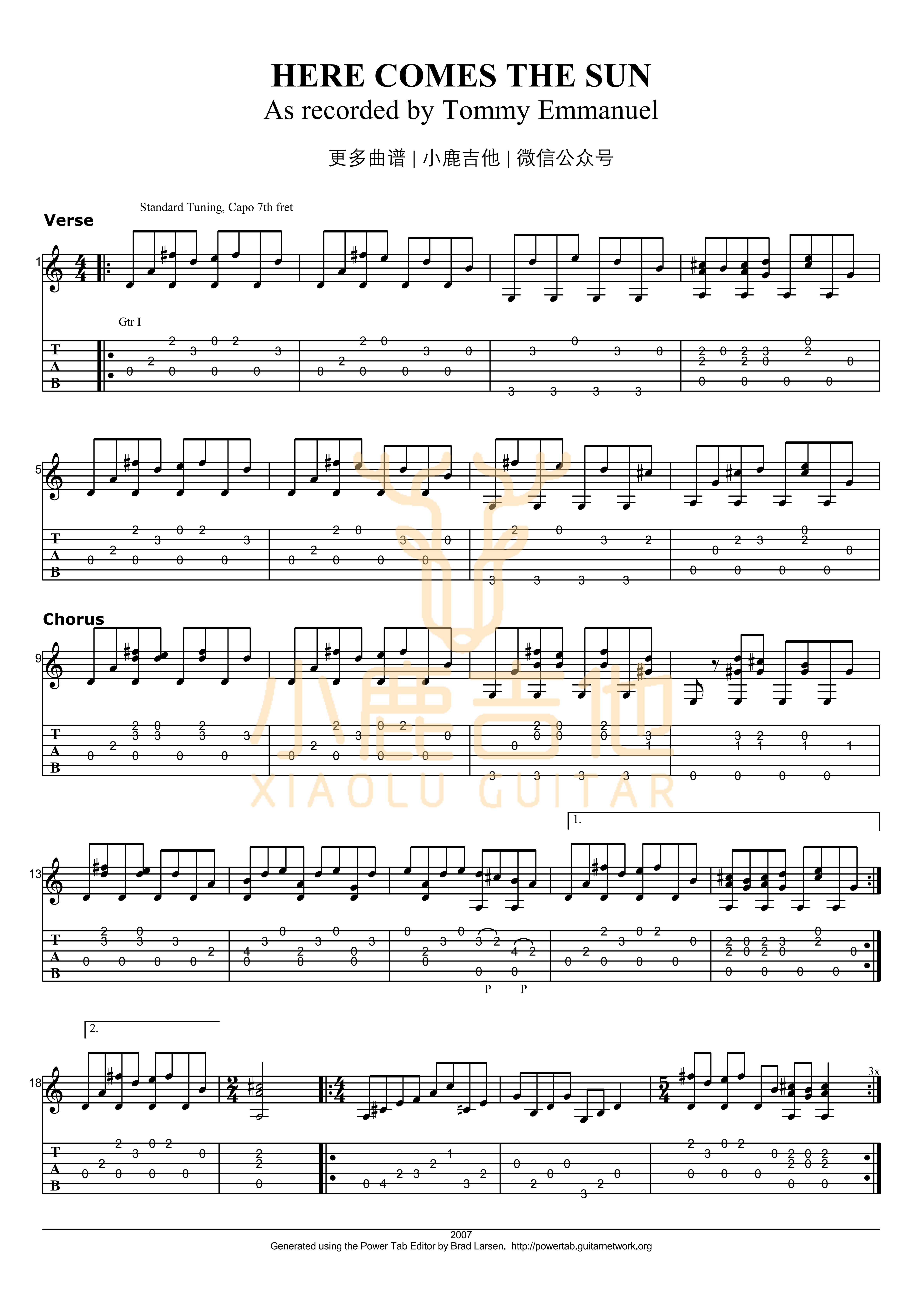 Here Comes The Sun吉他谱_TommyEmmanuel_HereComesTheSun_小鹿吉他